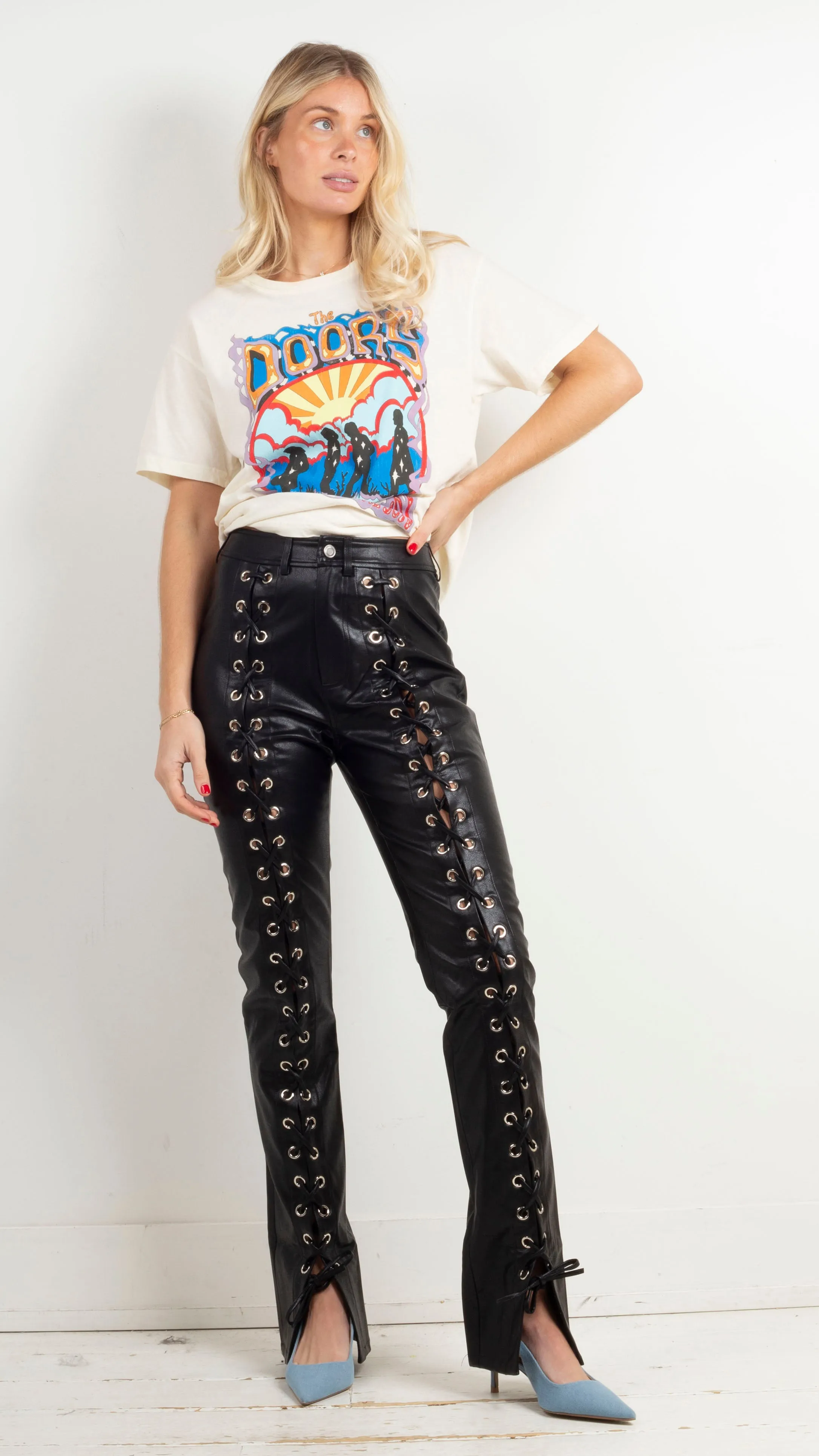 Faux Leather Lace Up Pants - Black