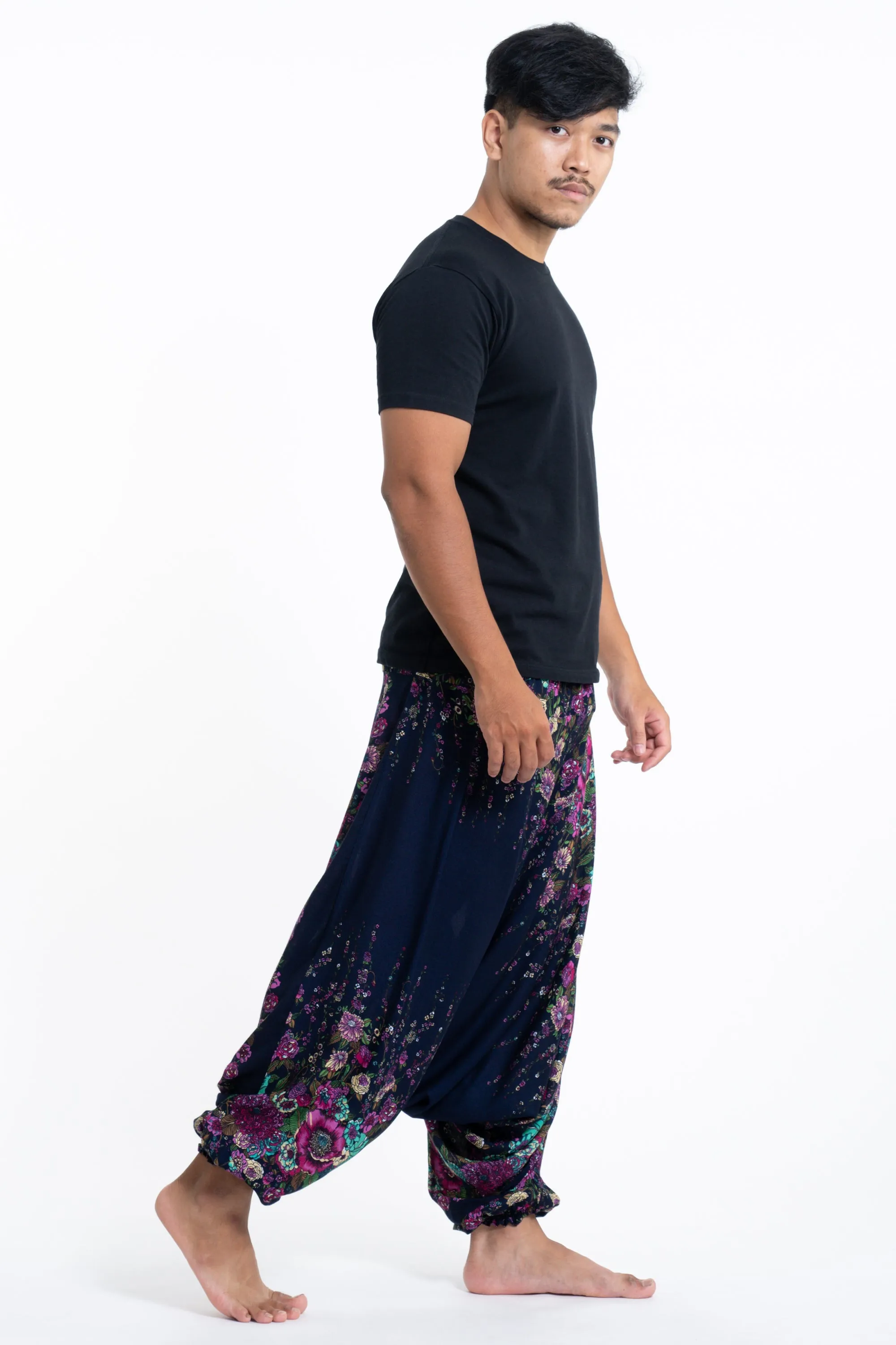 Floral Drop Crotch Men's Harem Pants in Blue