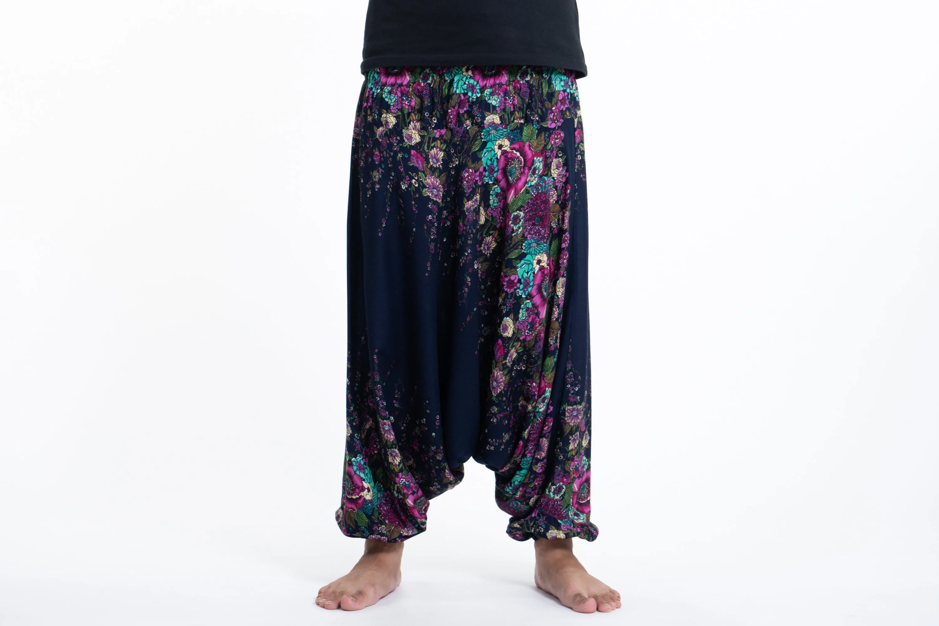 Floral Drop Crotch Men's Harem Pants in Blue