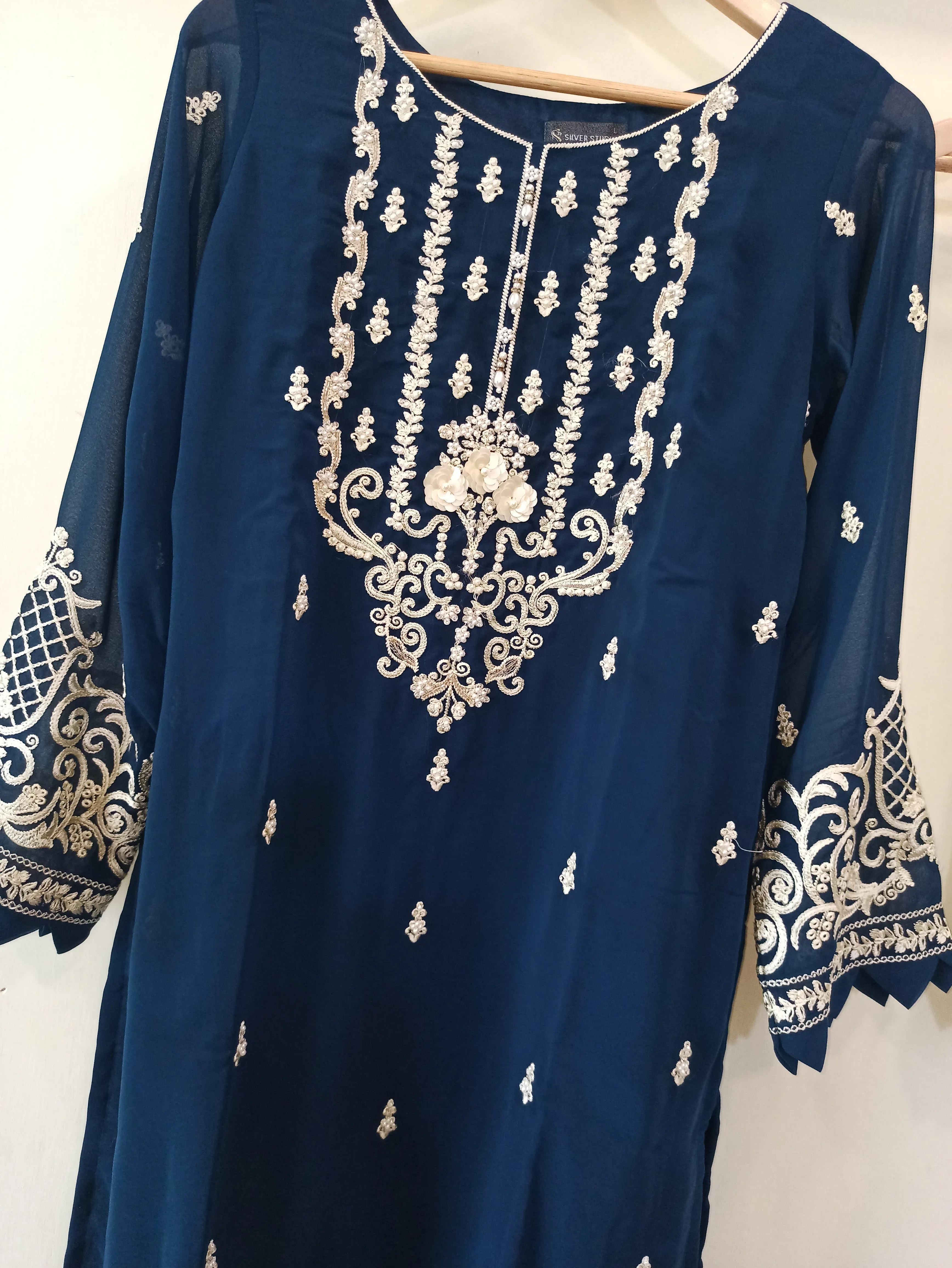 Georgette Prussian Blue Kurta With Modal Silk Pants