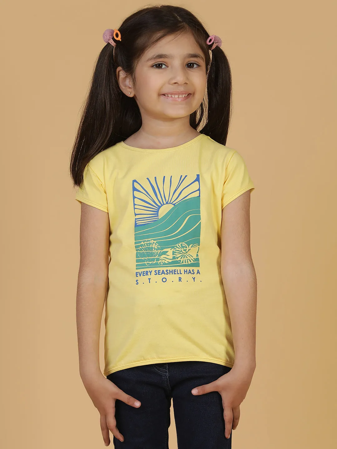 Girls Light Yellow Printed T-shirt