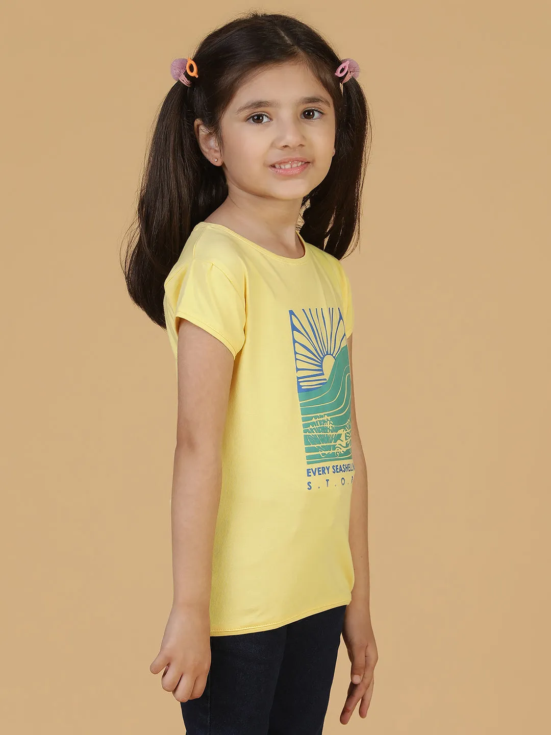 Girls Light Yellow Printed T-shirt