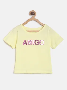 Girls Pastel Yellow Printed Casual T-shirt