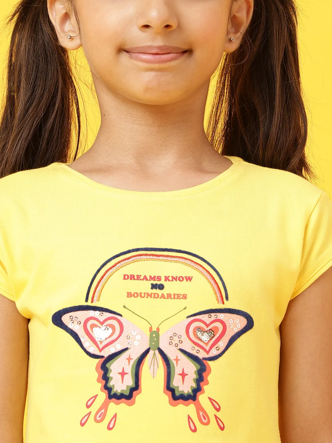 Girls Round Neck Yellow T-Shirt