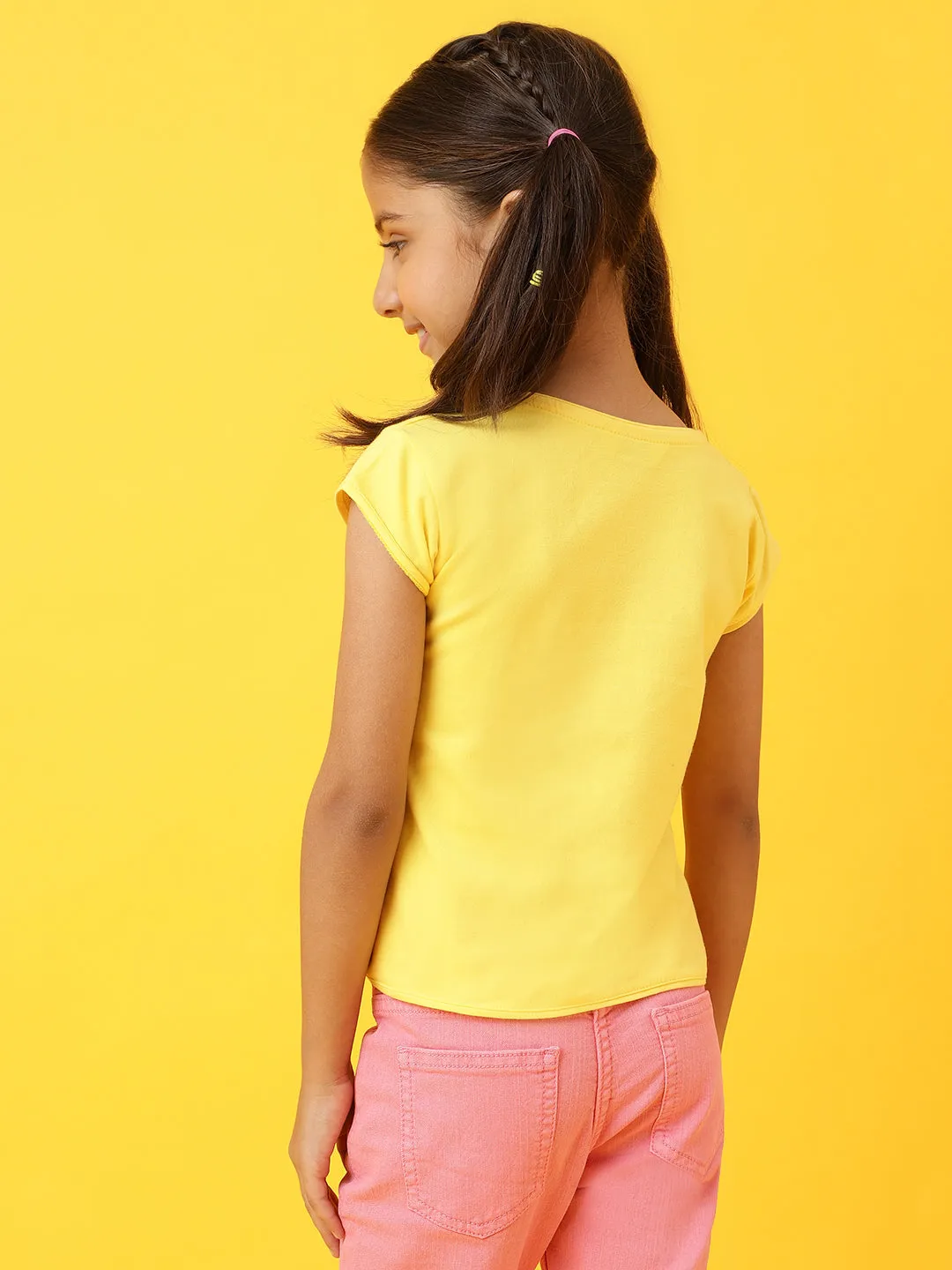 Girls Round Neck Yellow T-Shirt