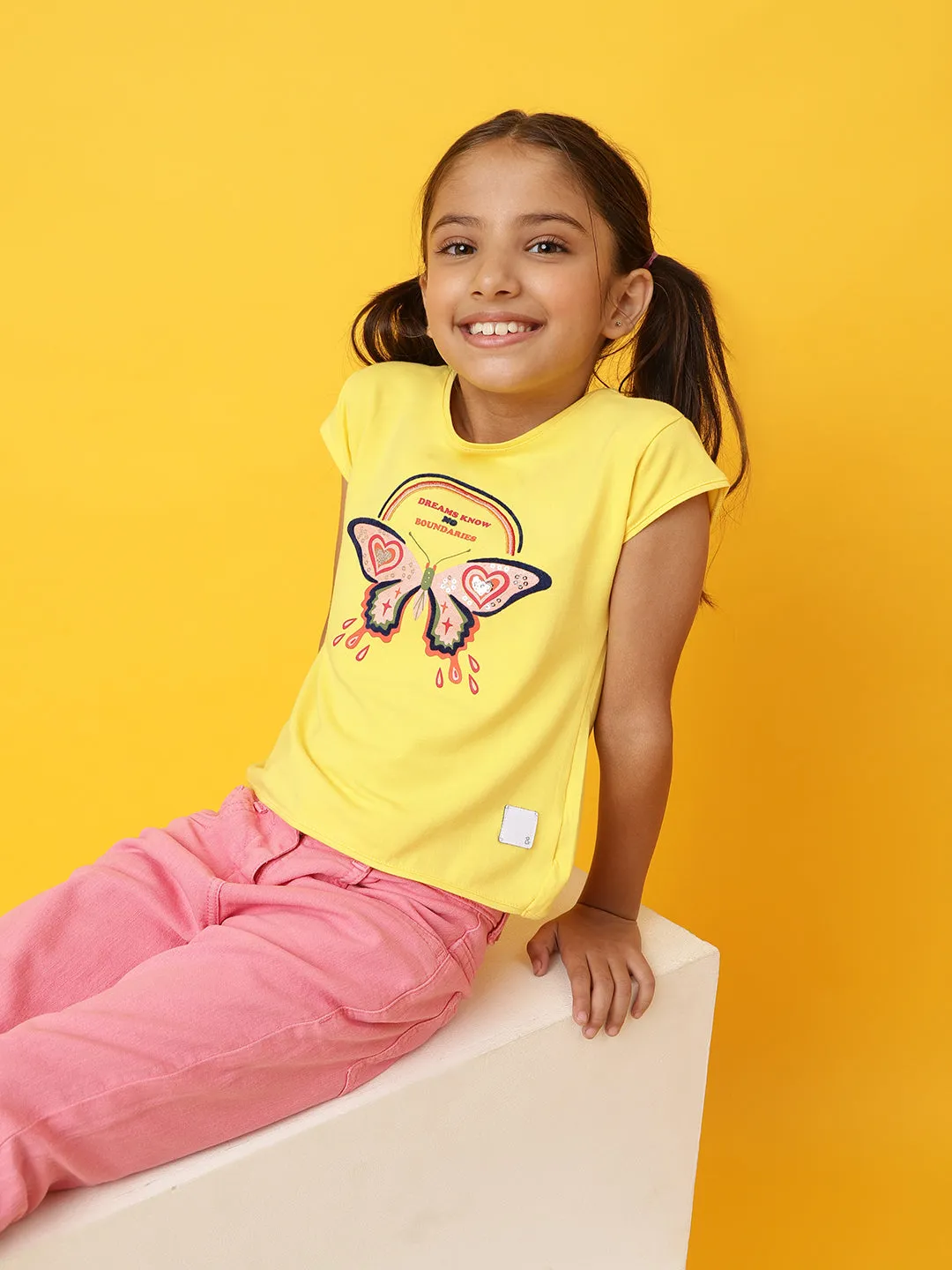 Girls Round Neck Yellow T-Shirt