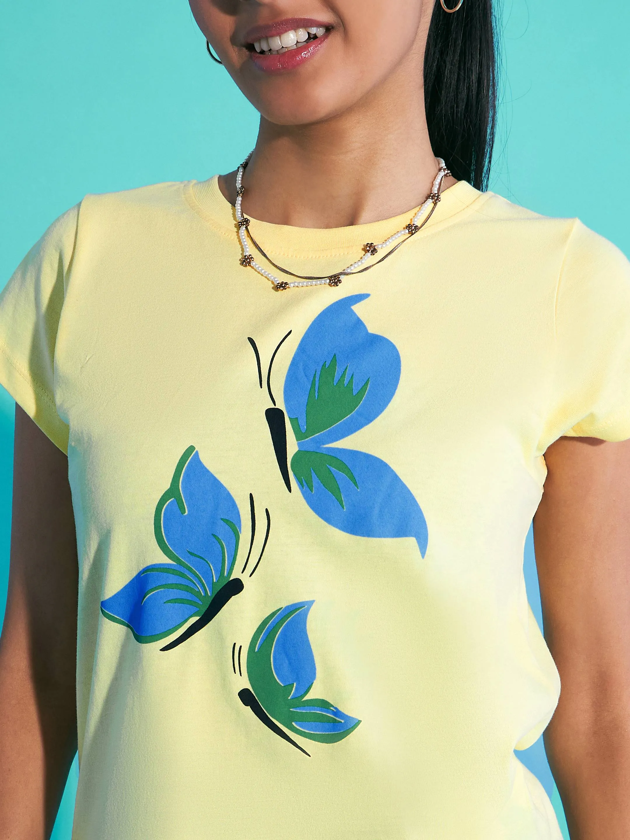 Girls Yellow Butterflies Print T-Shirt