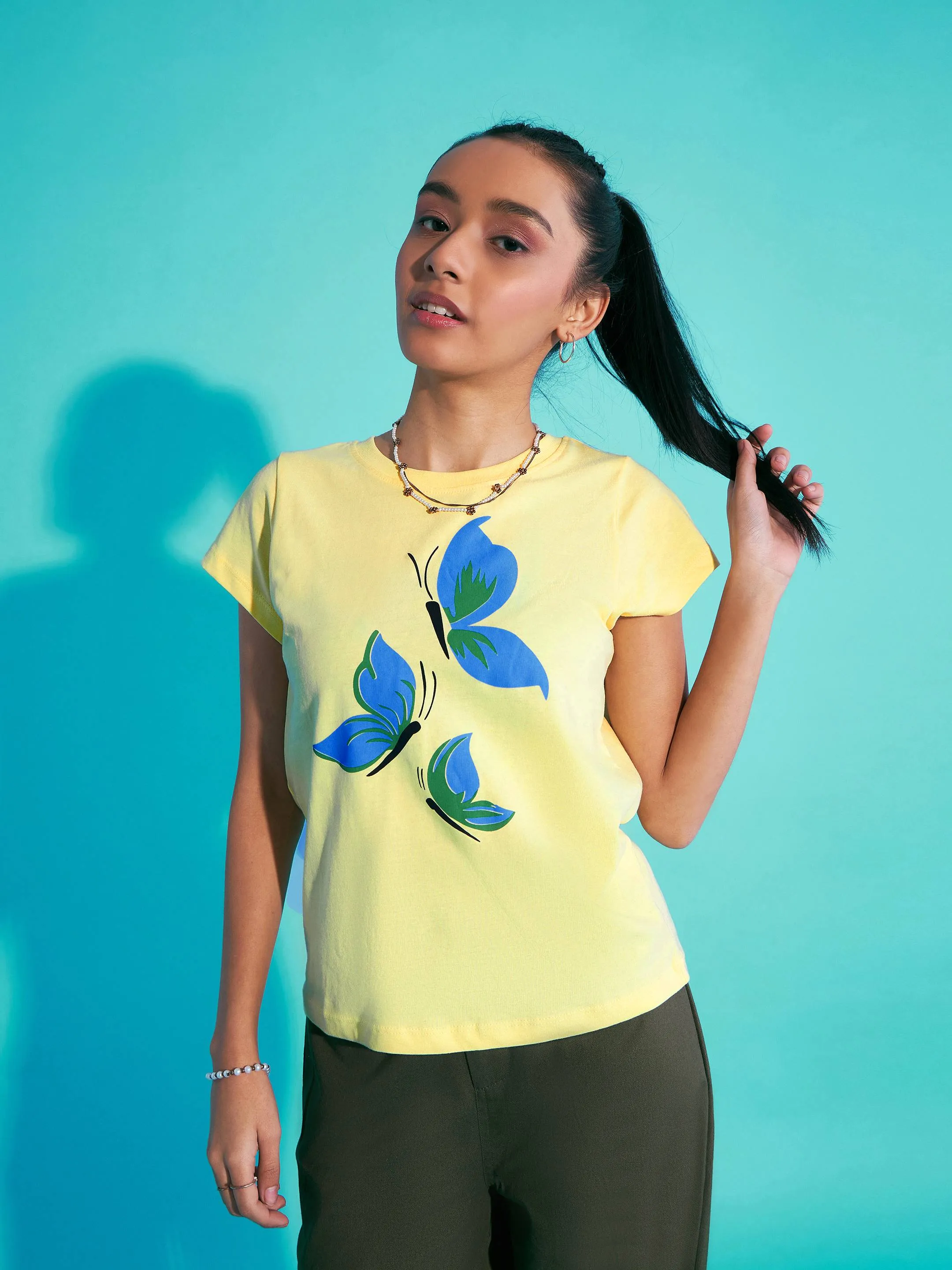 Girls Yellow Butterflies Print T-Shirt