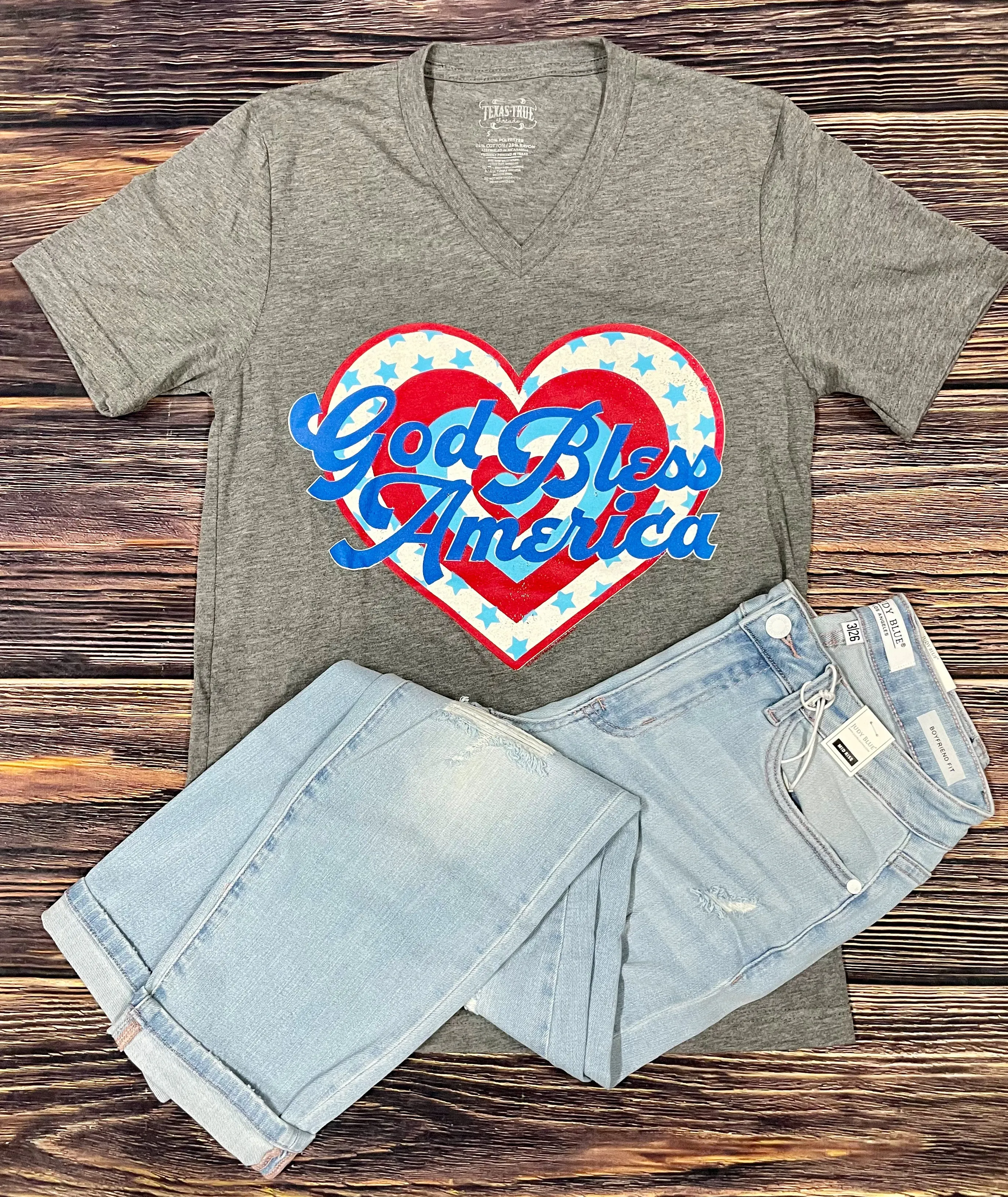 {GOD BLESS AMERICA} Patriotic Gray V-Neck Tee