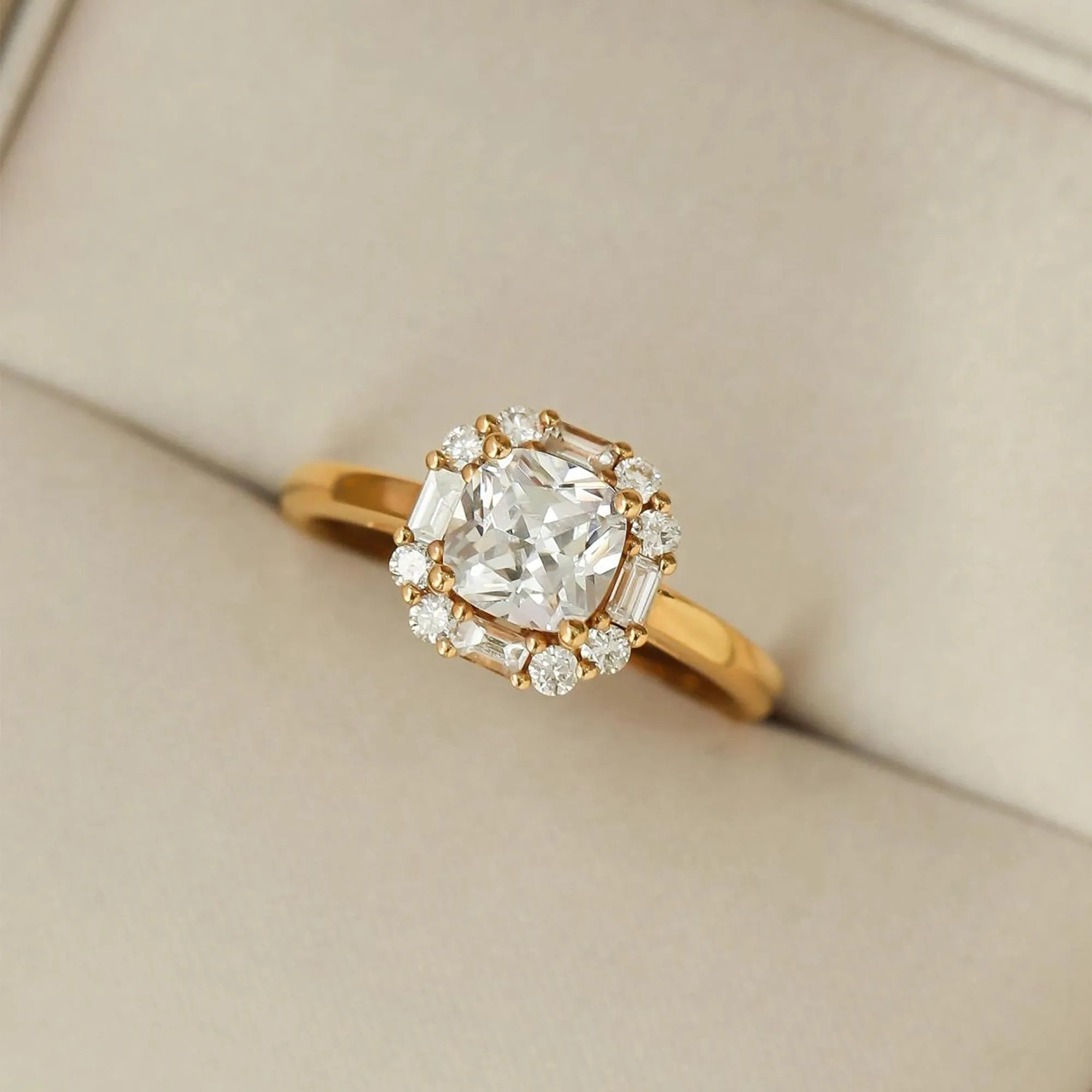 Golden Tone Halo Cushion Cut Sterling Silver Engagement Ring