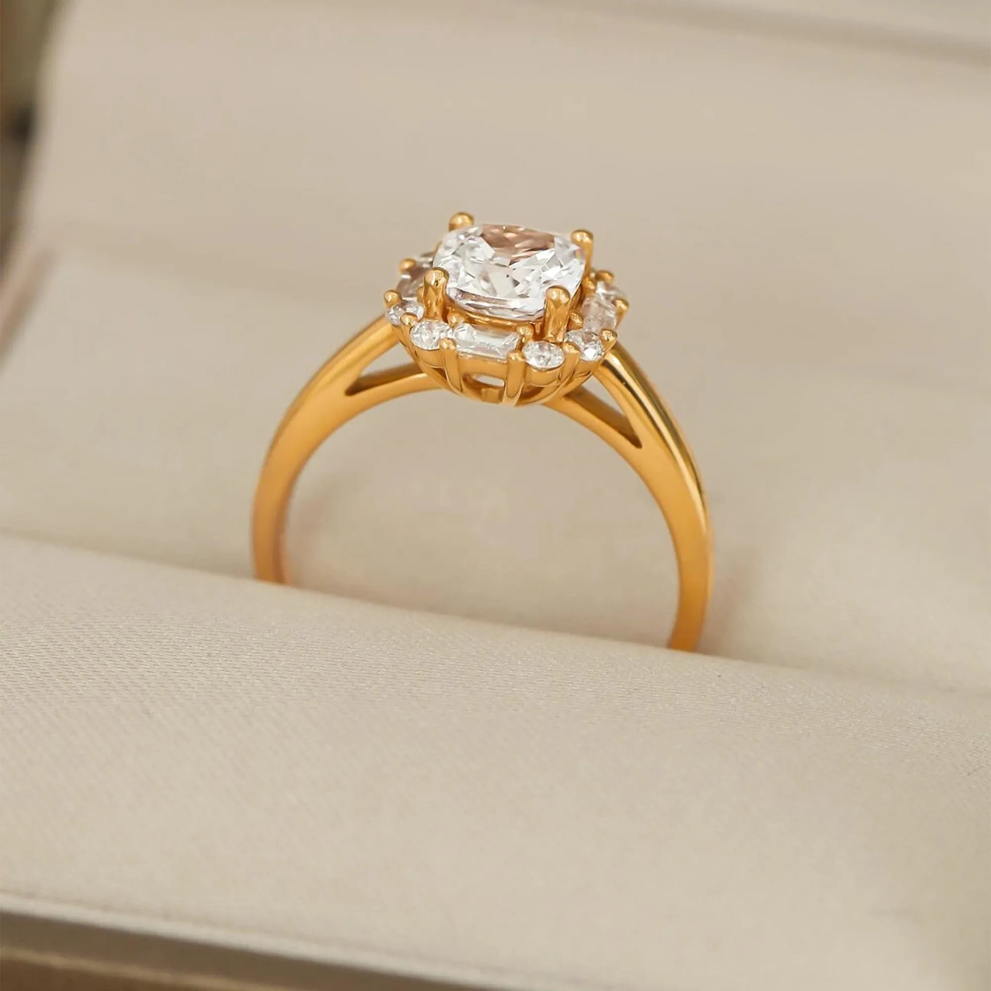 Golden Tone Halo Cushion Cut Sterling Silver Engagement Ring