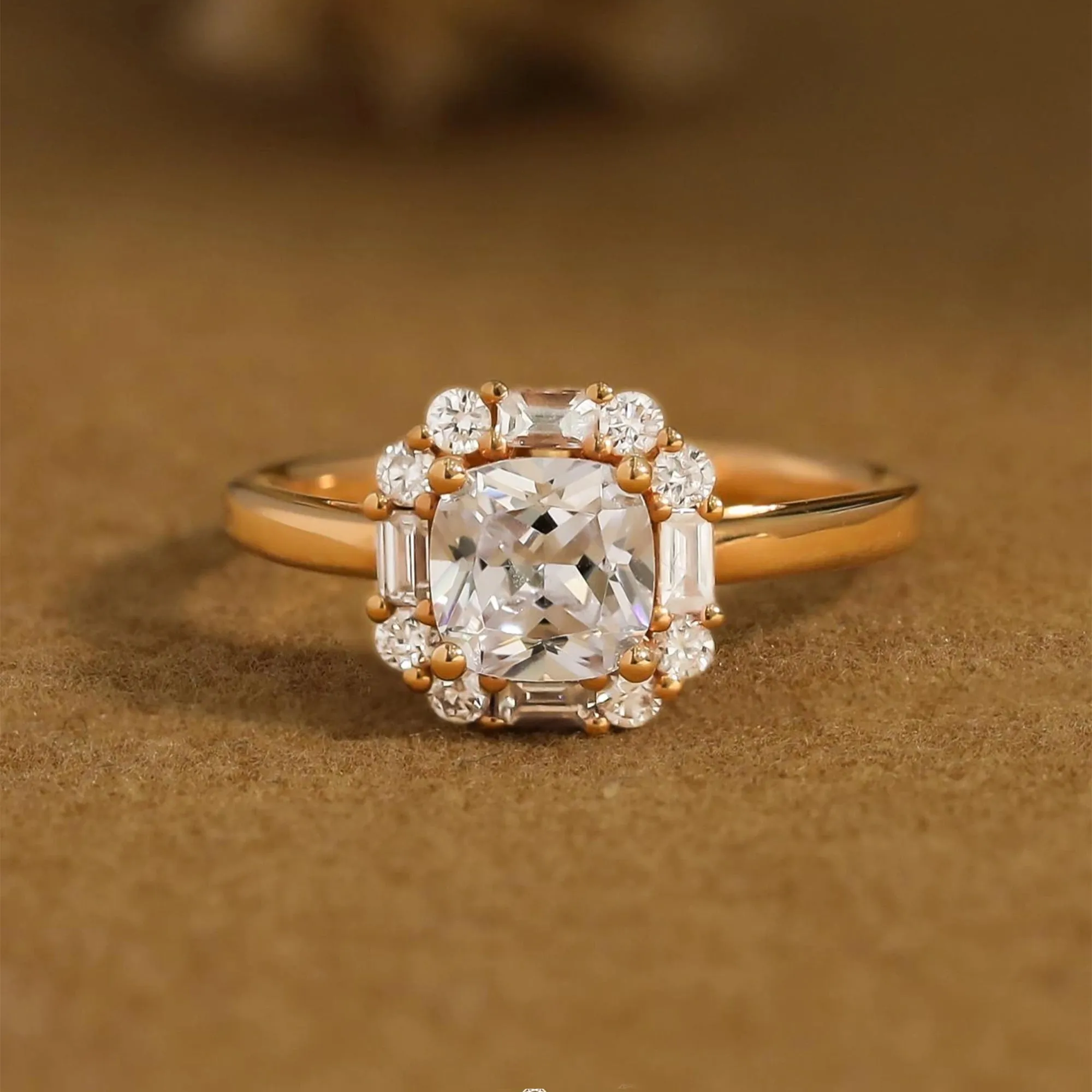 Golden Tone Halo Cushion Cut Sterling Silver Engagement Ring