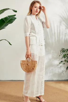 Heather Lace Linen Pants - White