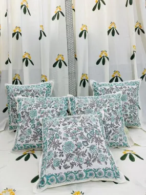 Joy flower , Cotton Hand Block  Print 5 Pc Cushion Cover Set-SHARA001CCK