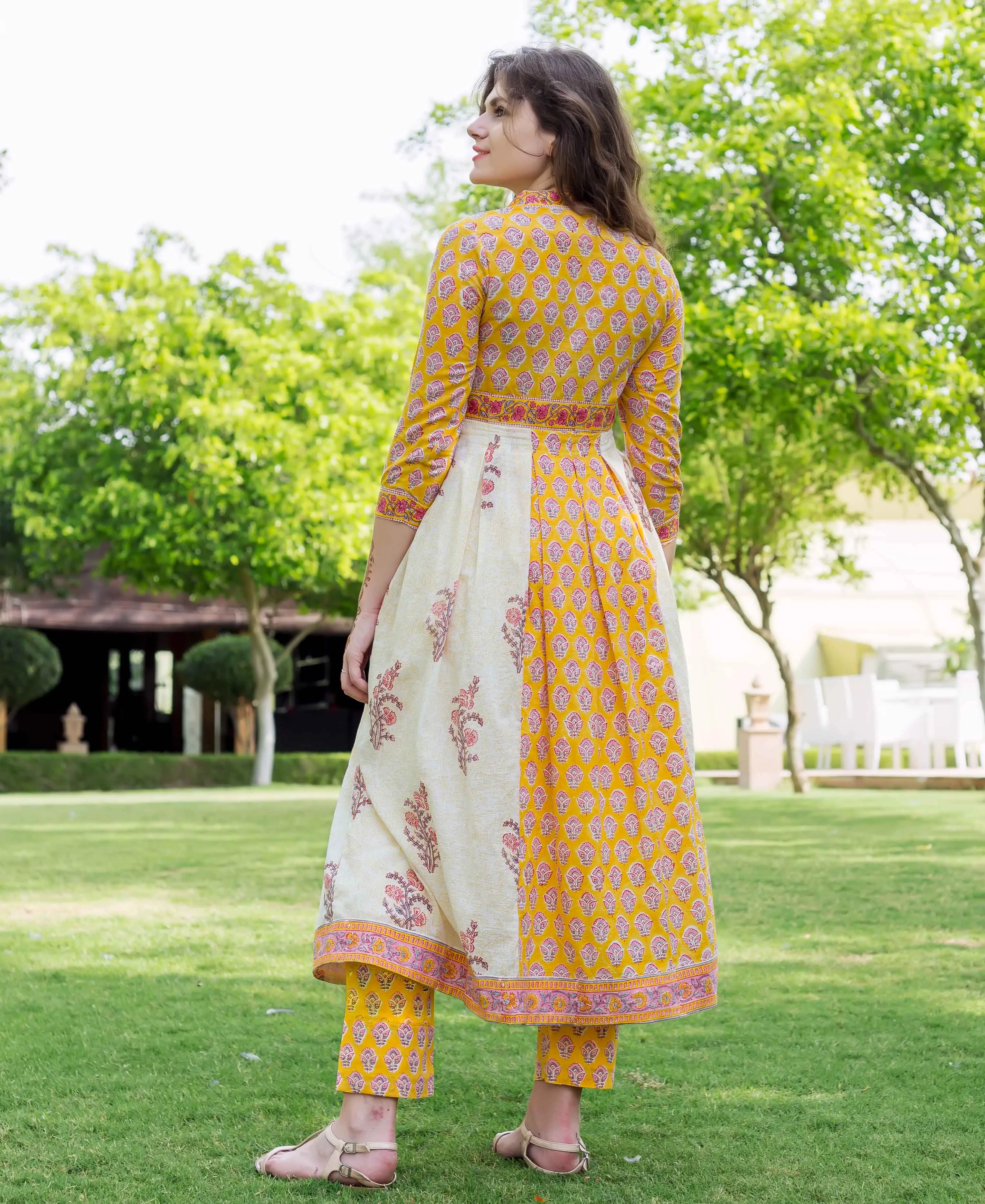 Kayra Hand Block Printed Flared Anarkali Kurta