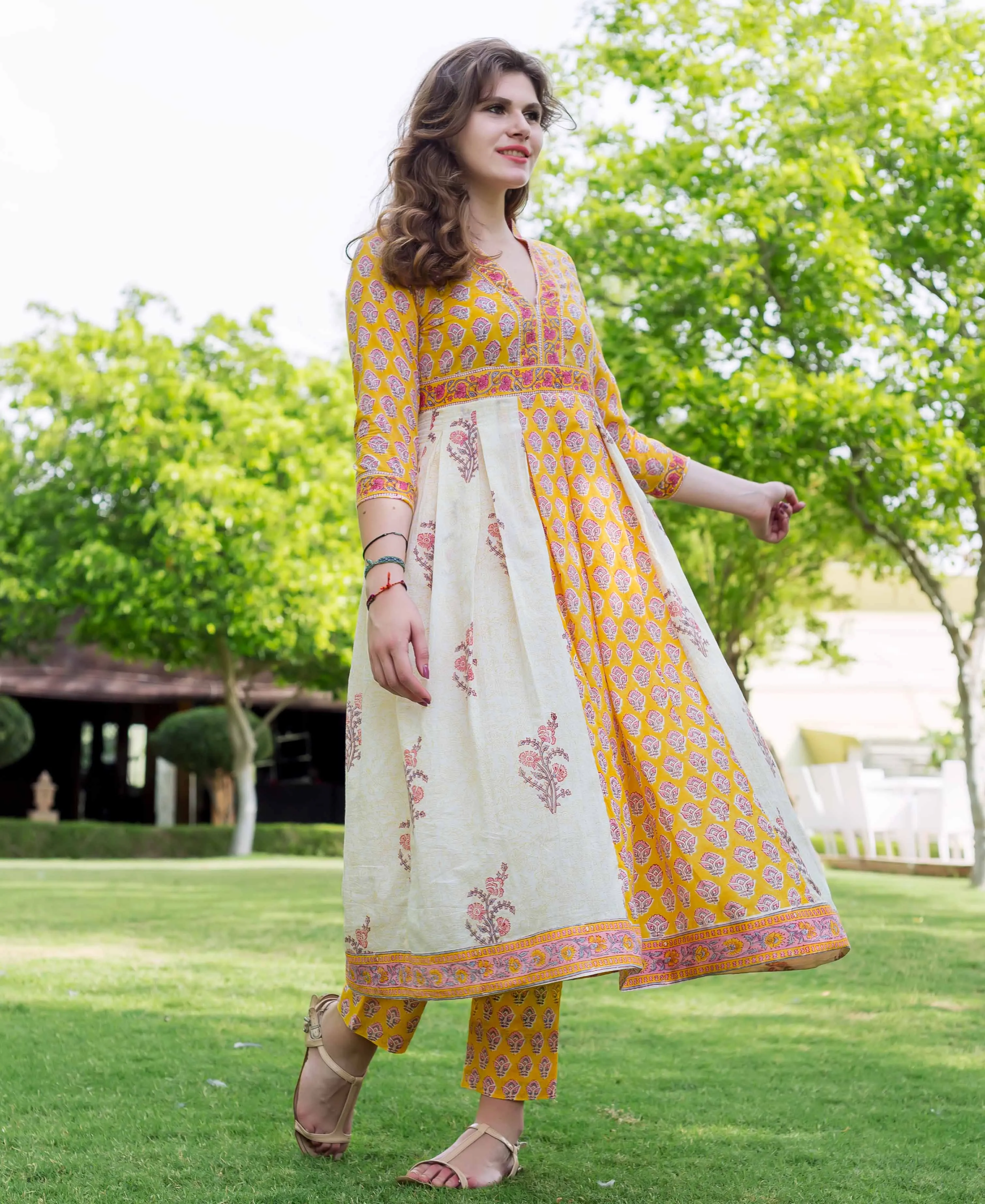 Kayra Hand Block Printed Flared Anarkali Kurta