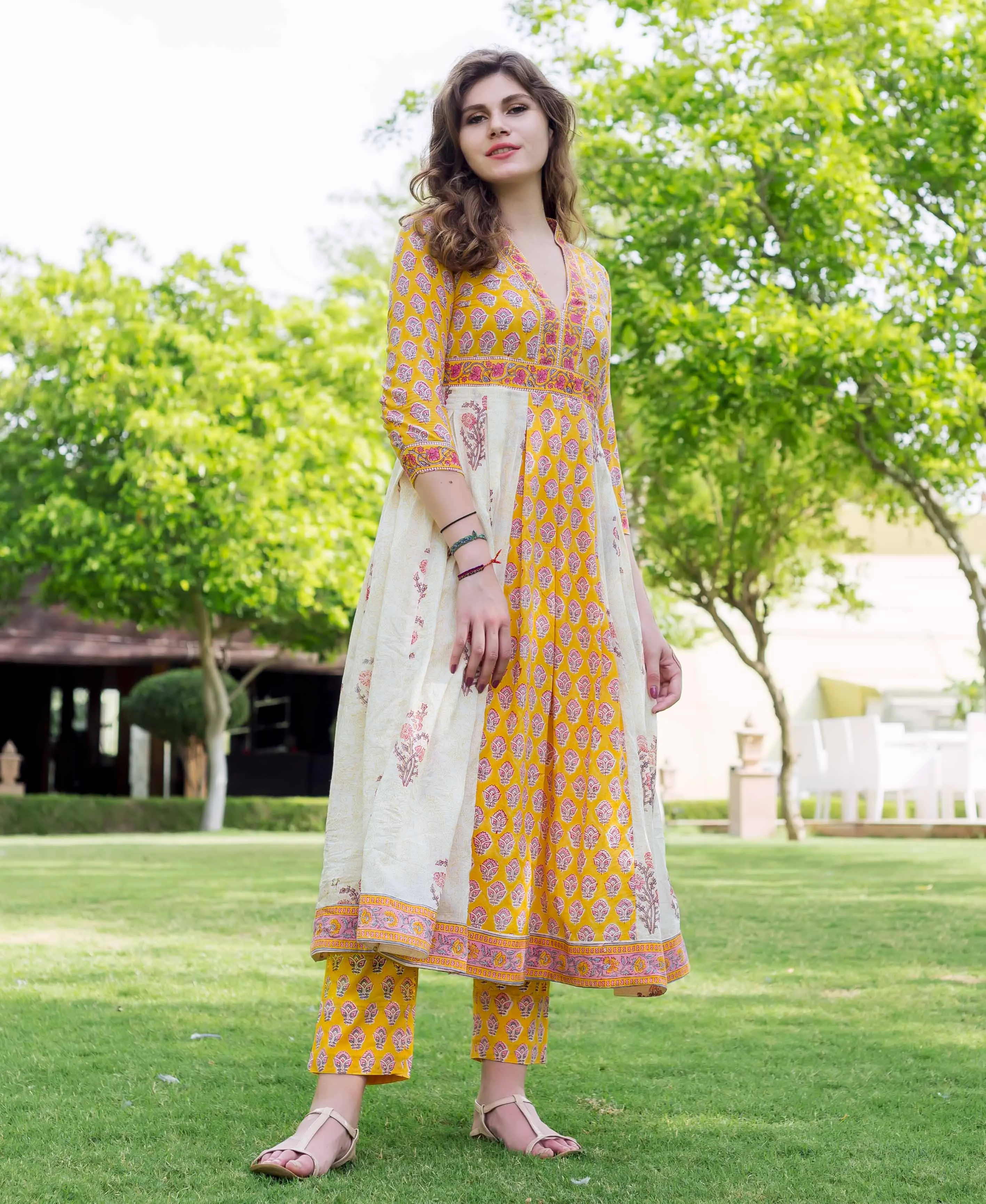 Kayra Hand Block Printed Flared Anarkali Kurta