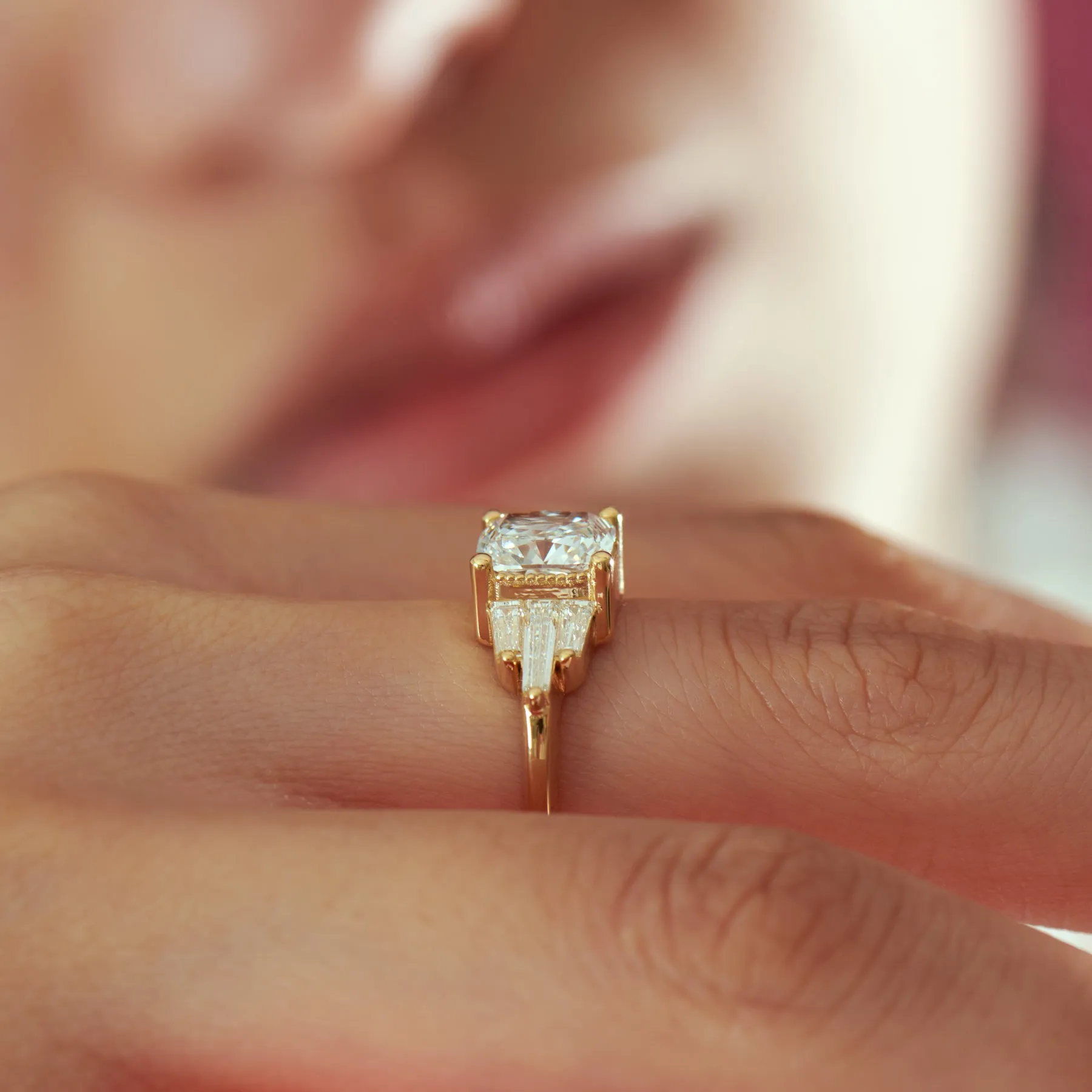 Lab Grown Cushion Diamond with Tapered Baguette Wings Engagement Ring