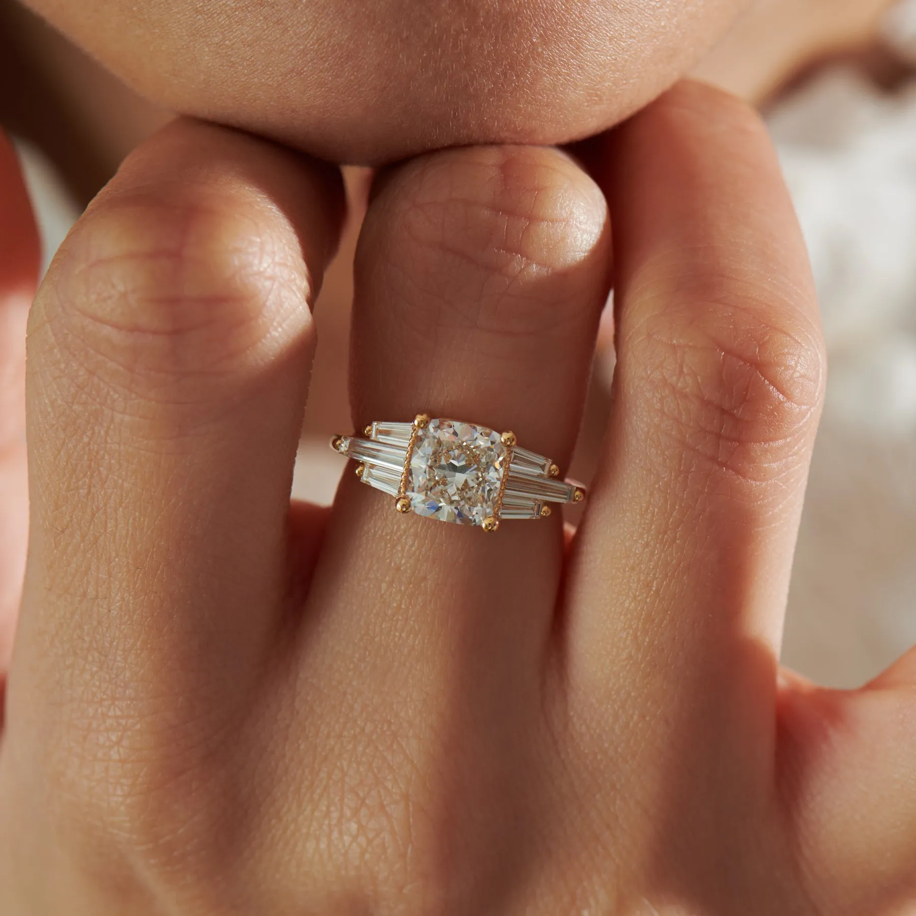 Lab Grown Cushion Diamond with Tapered Baguette Wings Engagement Ring