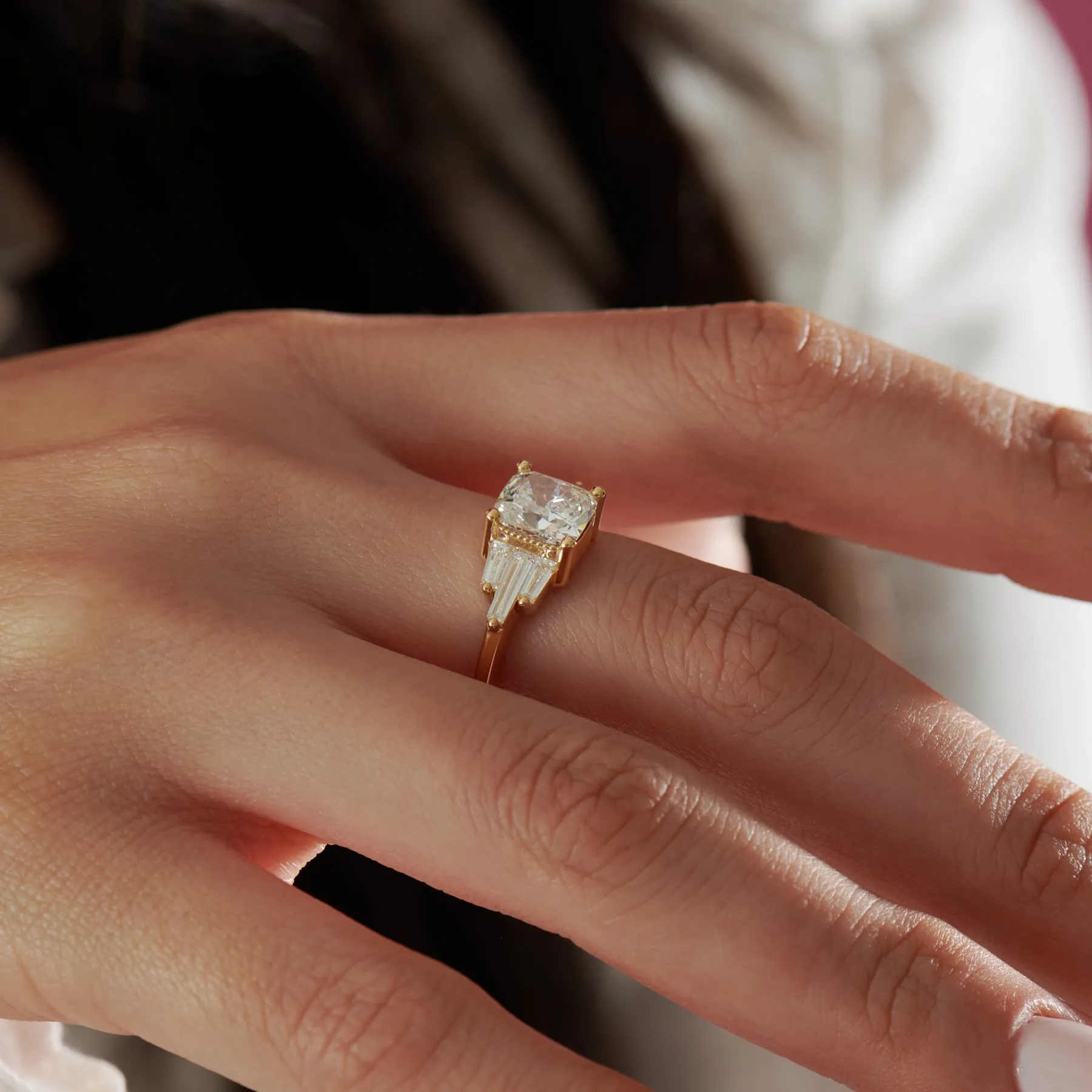 Lab Grown Cushion Diamond with Tapered Baguette Wings Engagement Ring