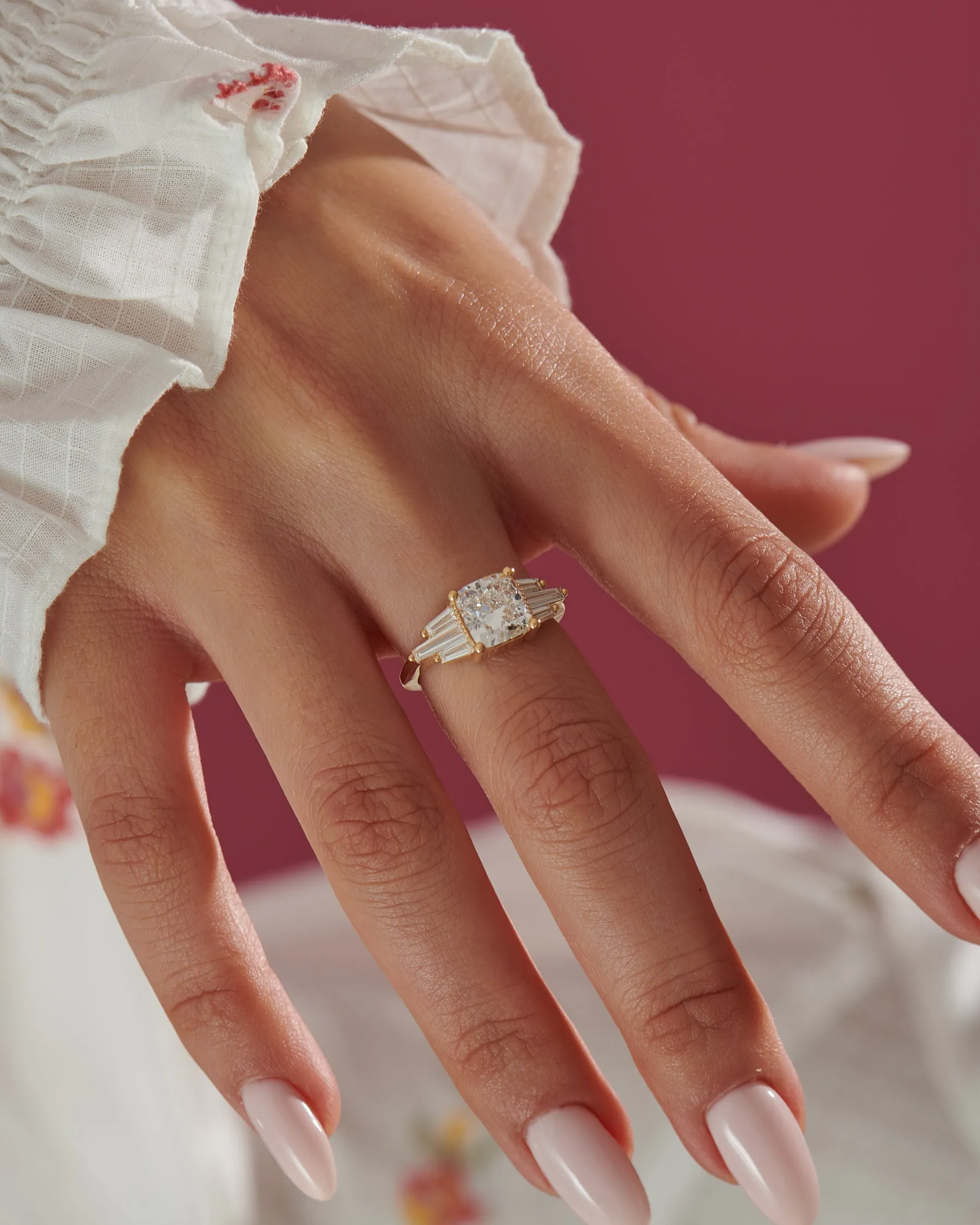 Lab Grown Cushion Diamond with Tapered Baguette Wings Engagement Ring