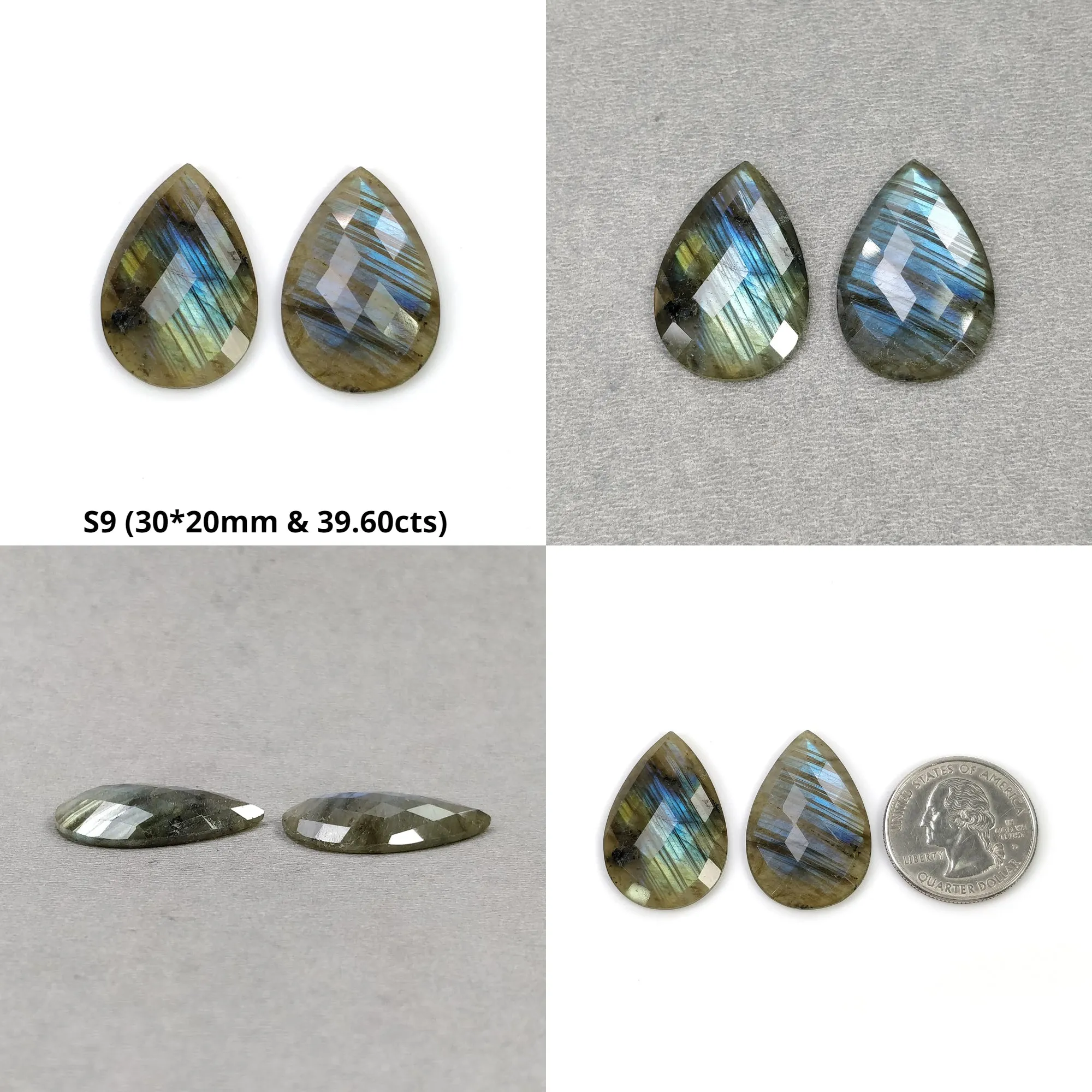 Labradorite Gemstone Checker Cut : Natural Untreated Rainbow Flashing Labradorite Pear Oval Shape Briolette Set For Jewelry