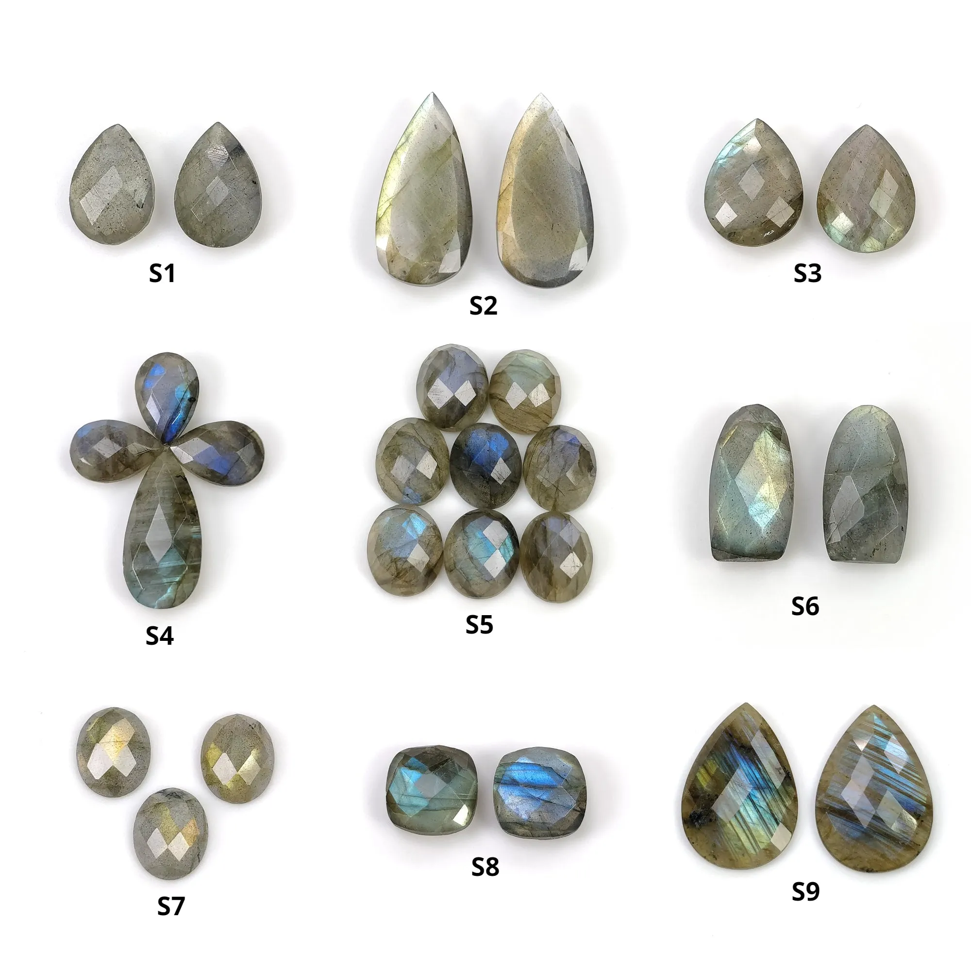 Labradorite Gemstone Checker Cut : Natural Untreated Rainbow Flashing Labradorite Pear Oval Shape Briolette Set For Jewelry