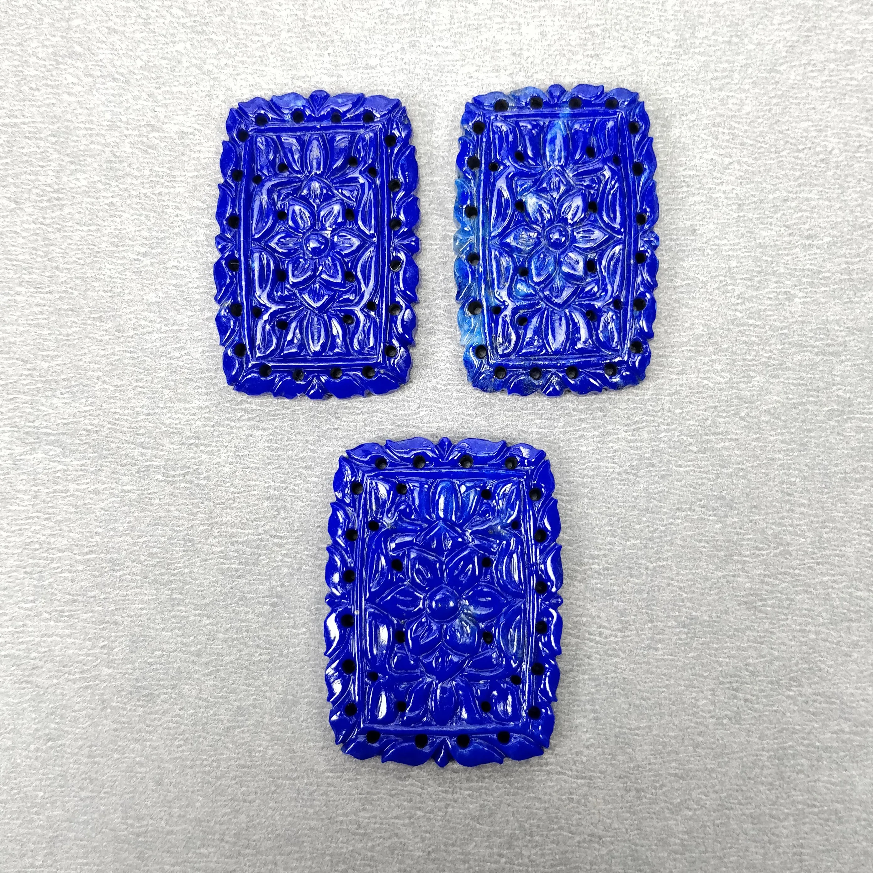 LAPIS LAZULI Gemstone Carving : 106.80cts Natural Untreated Blue Lapis Hand Carved Cushion Shape 34*22mm - 35*25.5mm 3pcs Set