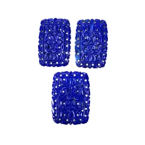 LAPIS LAZULI Gemstone Carving : 106.80cts Natural Untreated Blue Lapis Hand Carved Cushion Shape 34*22mm - 35*25.5mm 3pcs Set