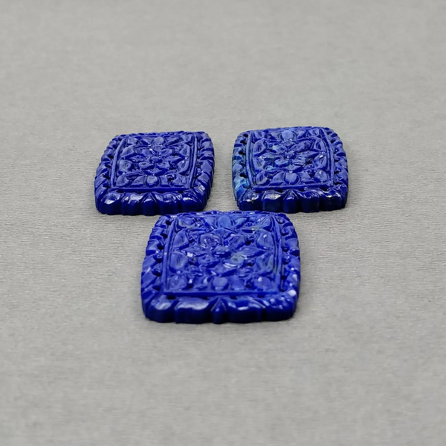 LAPIS LAZULI Gemstone Carving : 106.80cts Natural Untreated Blue Lapis Hand Carved Cushion Shape 34*22mm - 35*25.5mm 3pcs Set