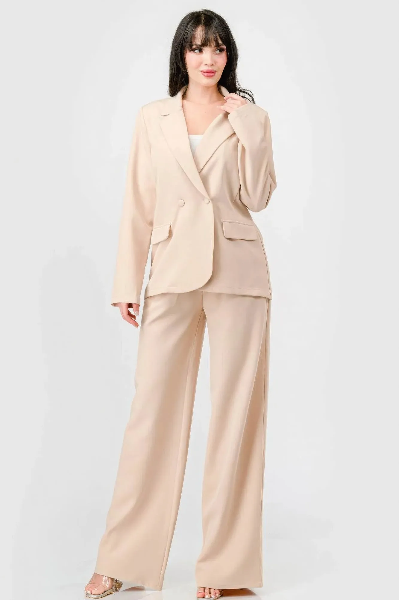 Luxe Stretch Woven Loose Fit Blazer And Wide Legs Pants Semi Formal Set