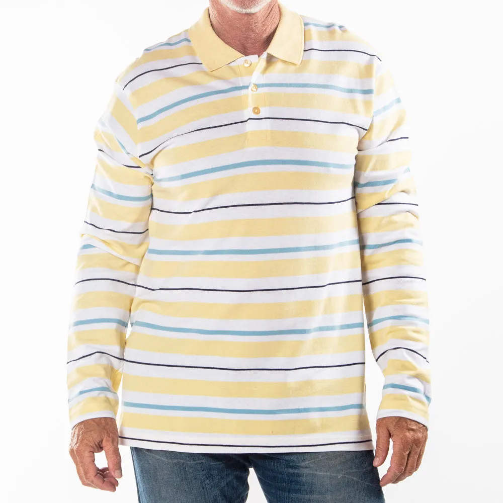 Men's Long Sleeve Yellow Striped Cotton Traders Polo Shirt