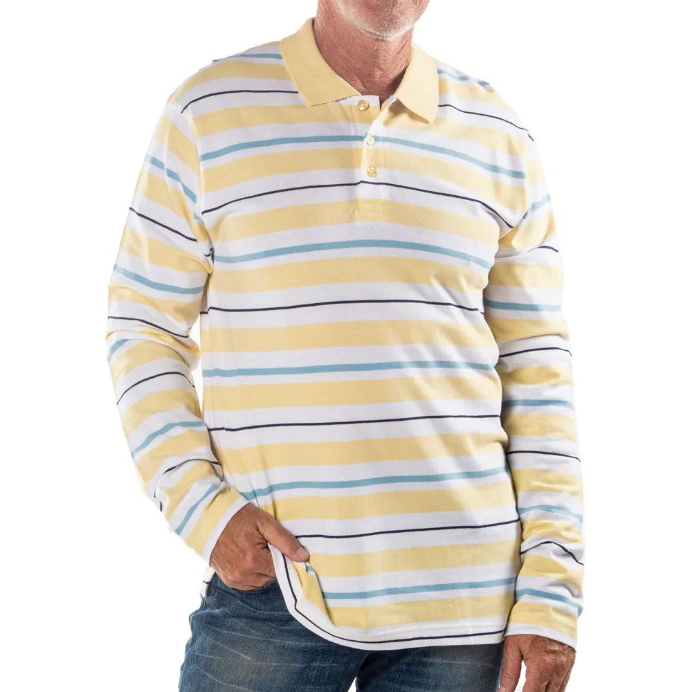 Men's Long Sleeve Yellow Striped Cotton Traders Polo Shirt