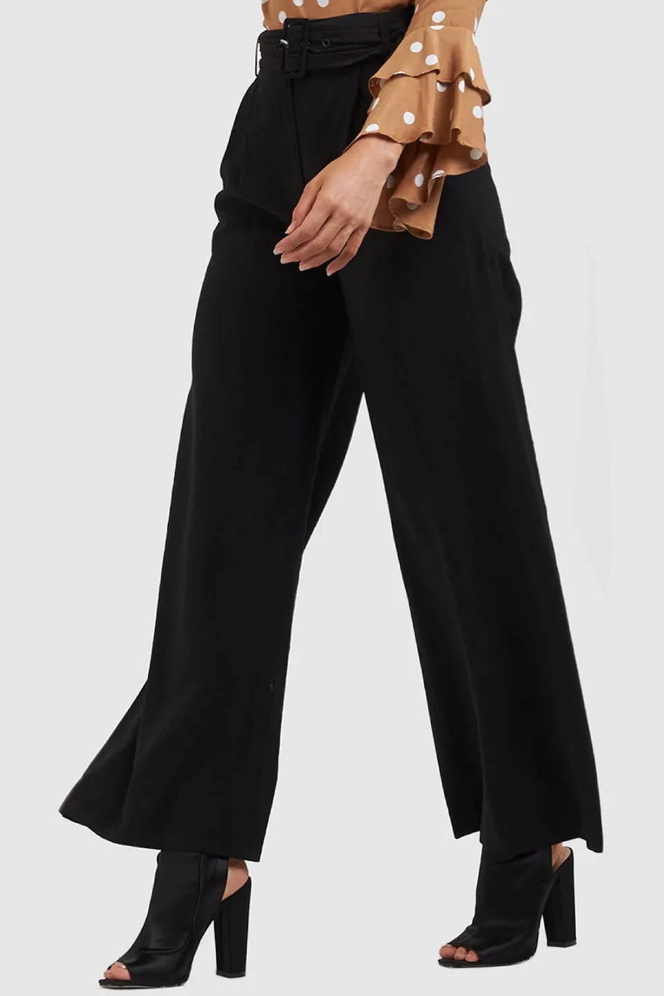 Orlando Self Belt Wide Leg Black Pant