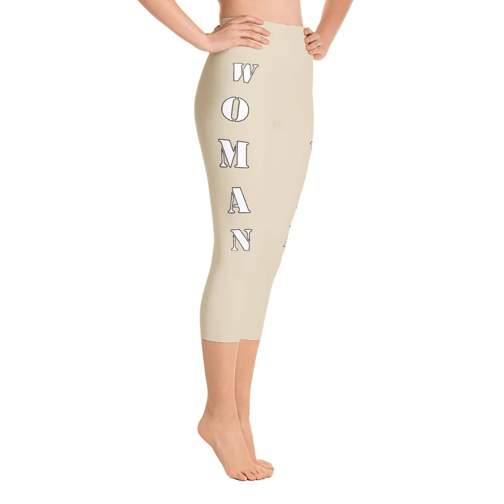 Our best viral yoga capri leggings with woman power - Beige Color with White Letters