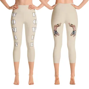 Our best viral yoga capri leggings with woman power - Beige Color with White Letters