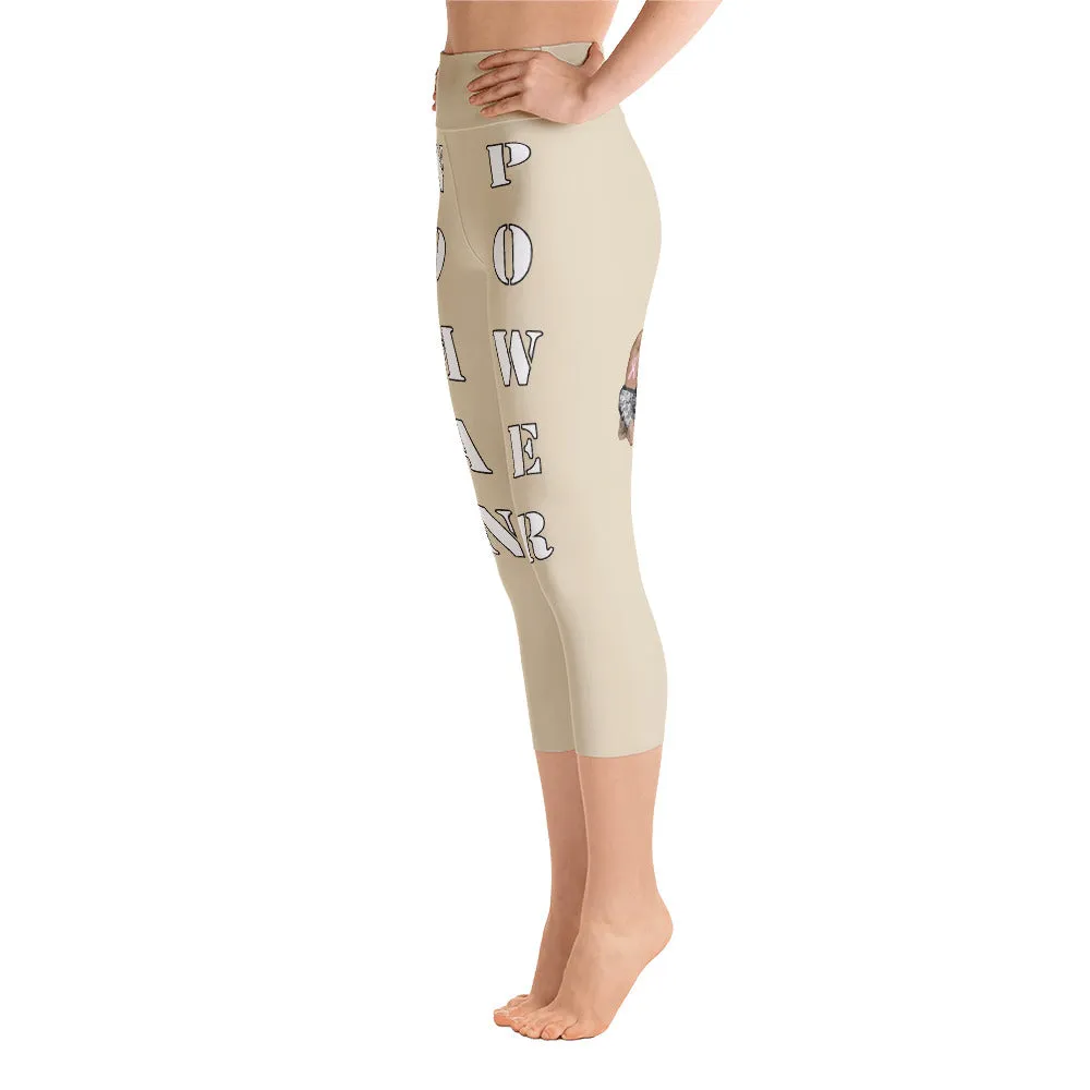 Our best viral yoga capri leggings with woman power - Beige Color with White Letters