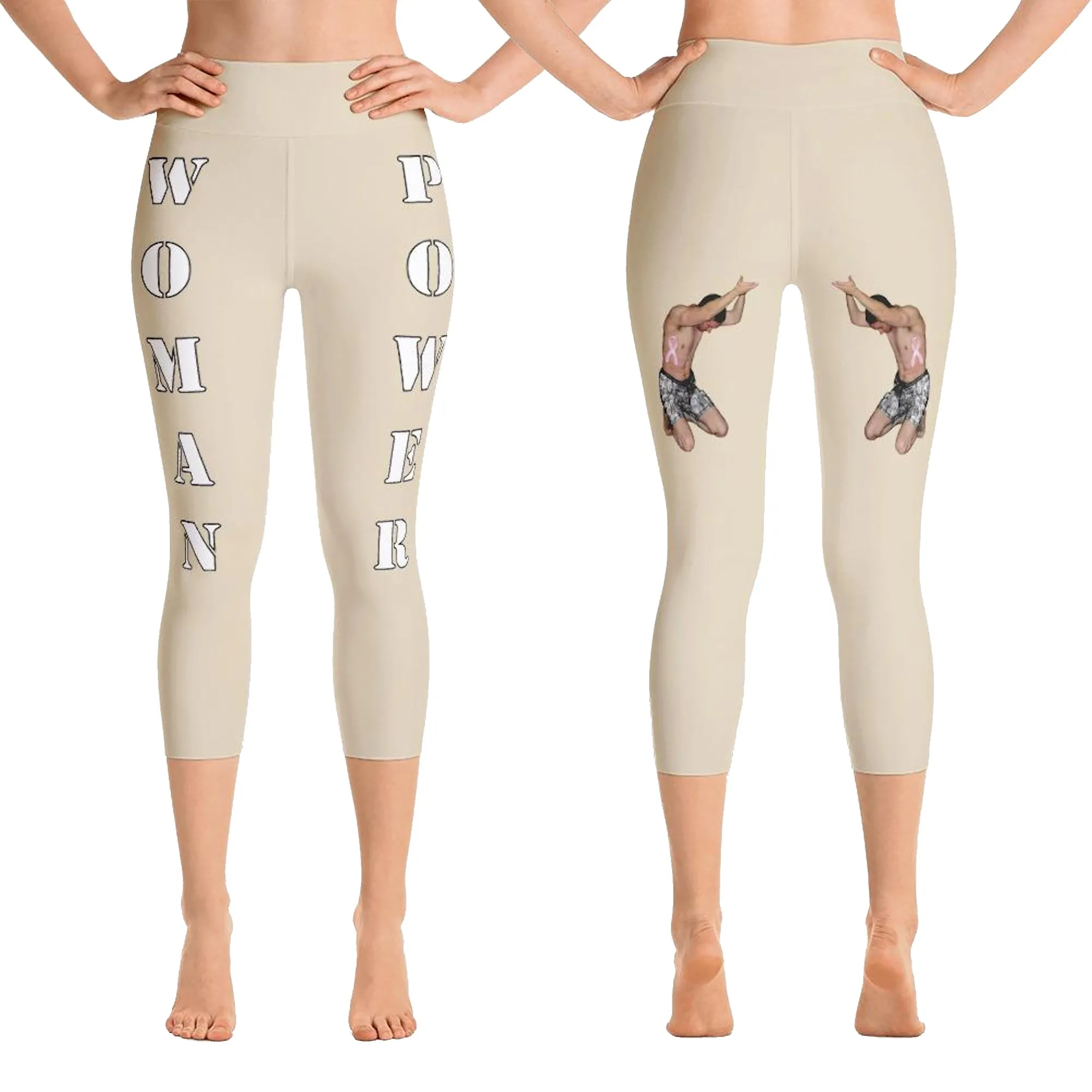 Our best viral yoga capri leggings with woman power - Beige Color with White Letters