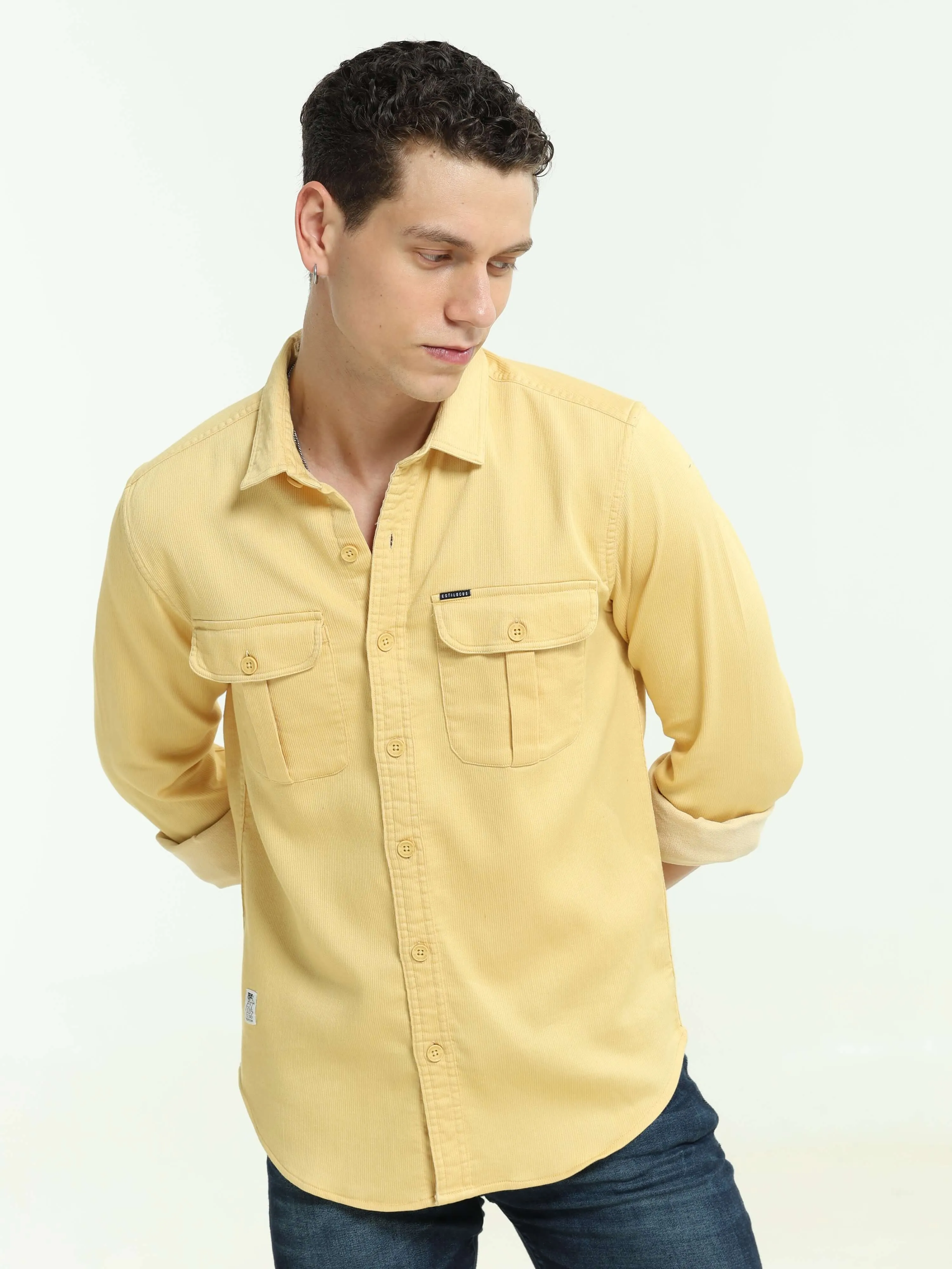 Pastel yellow solid double pocket shirt