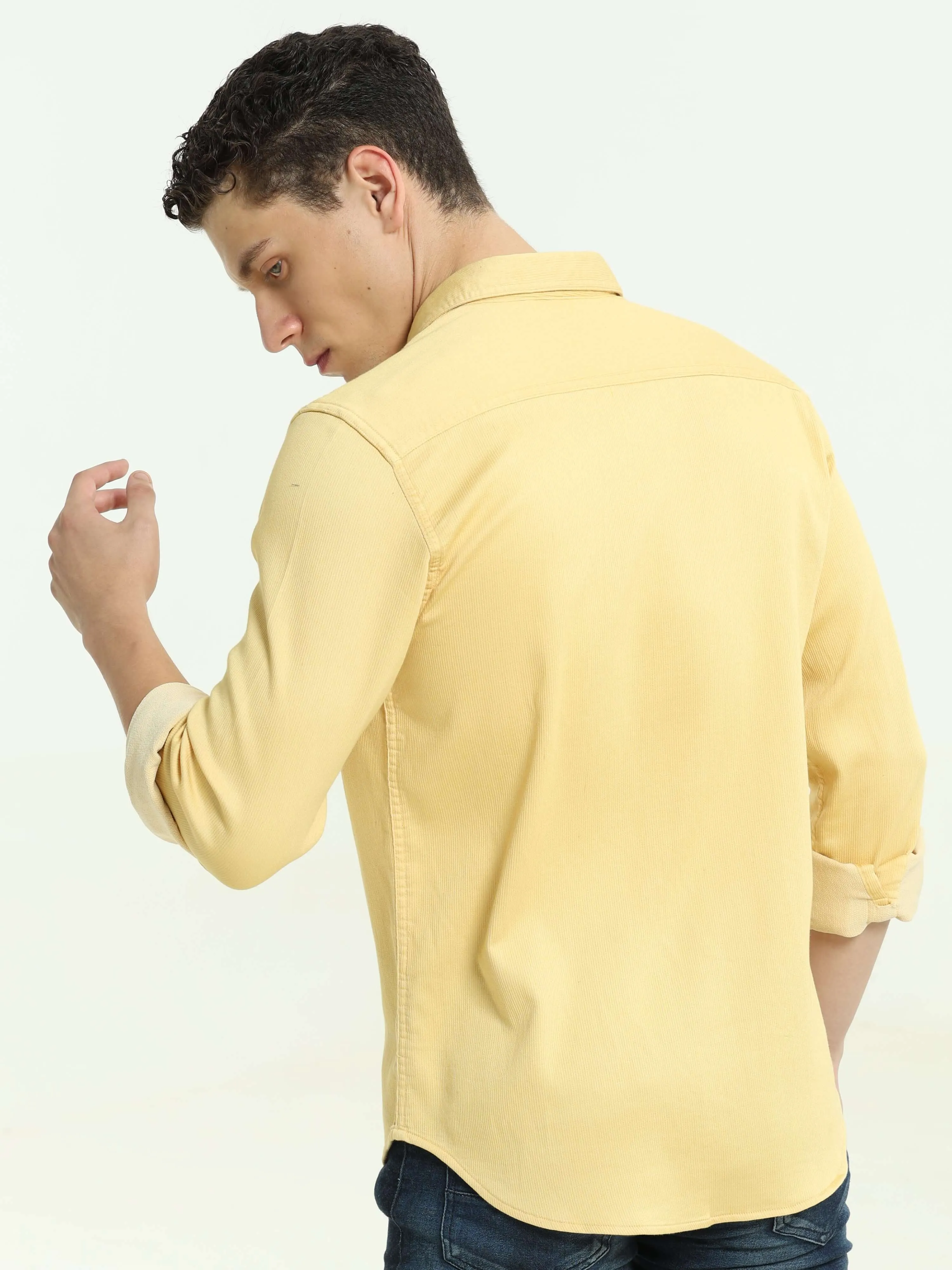 Pastel yellow solid double pocket shirt