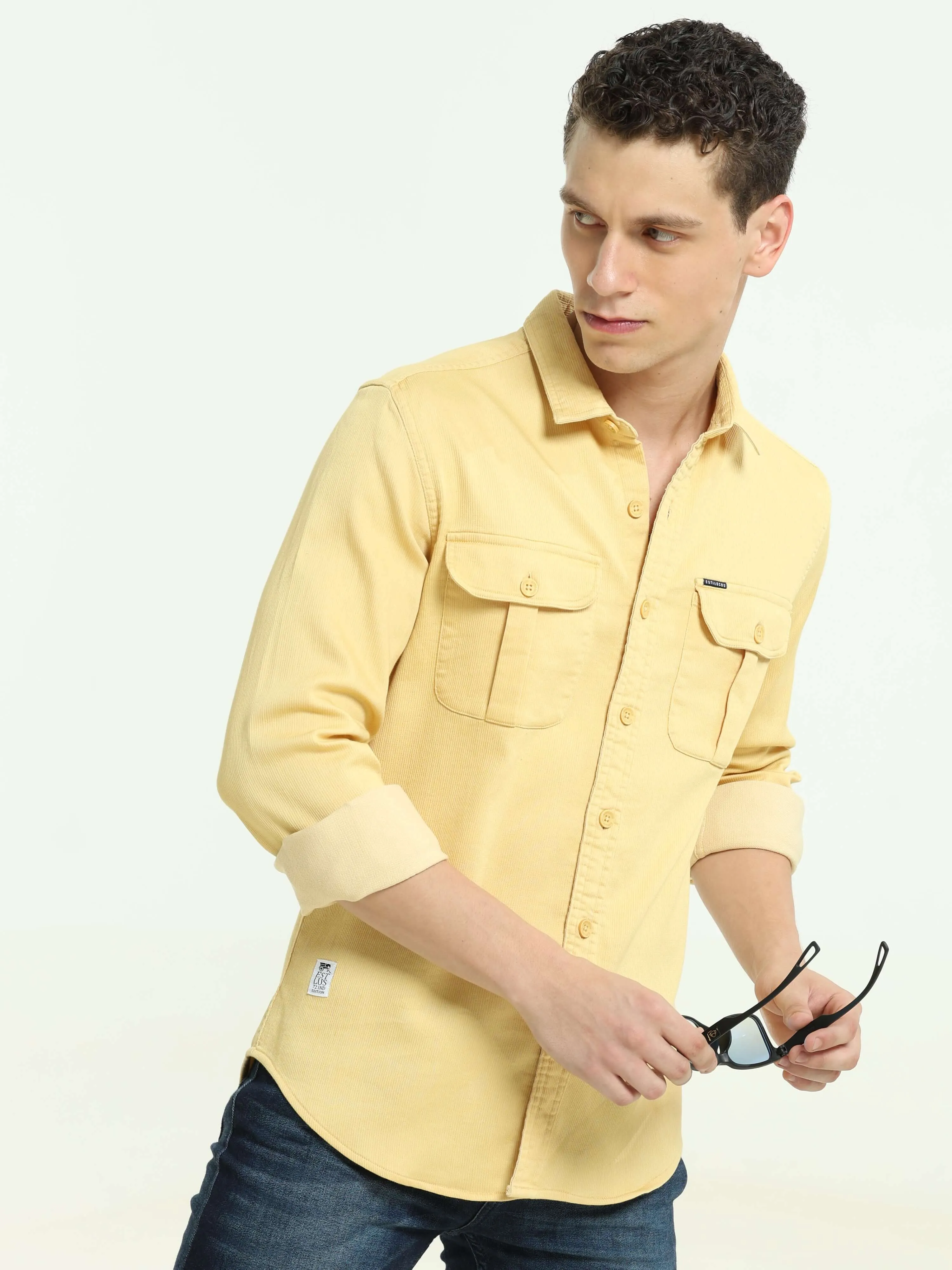 Pastel yellow solid double pocket shirt