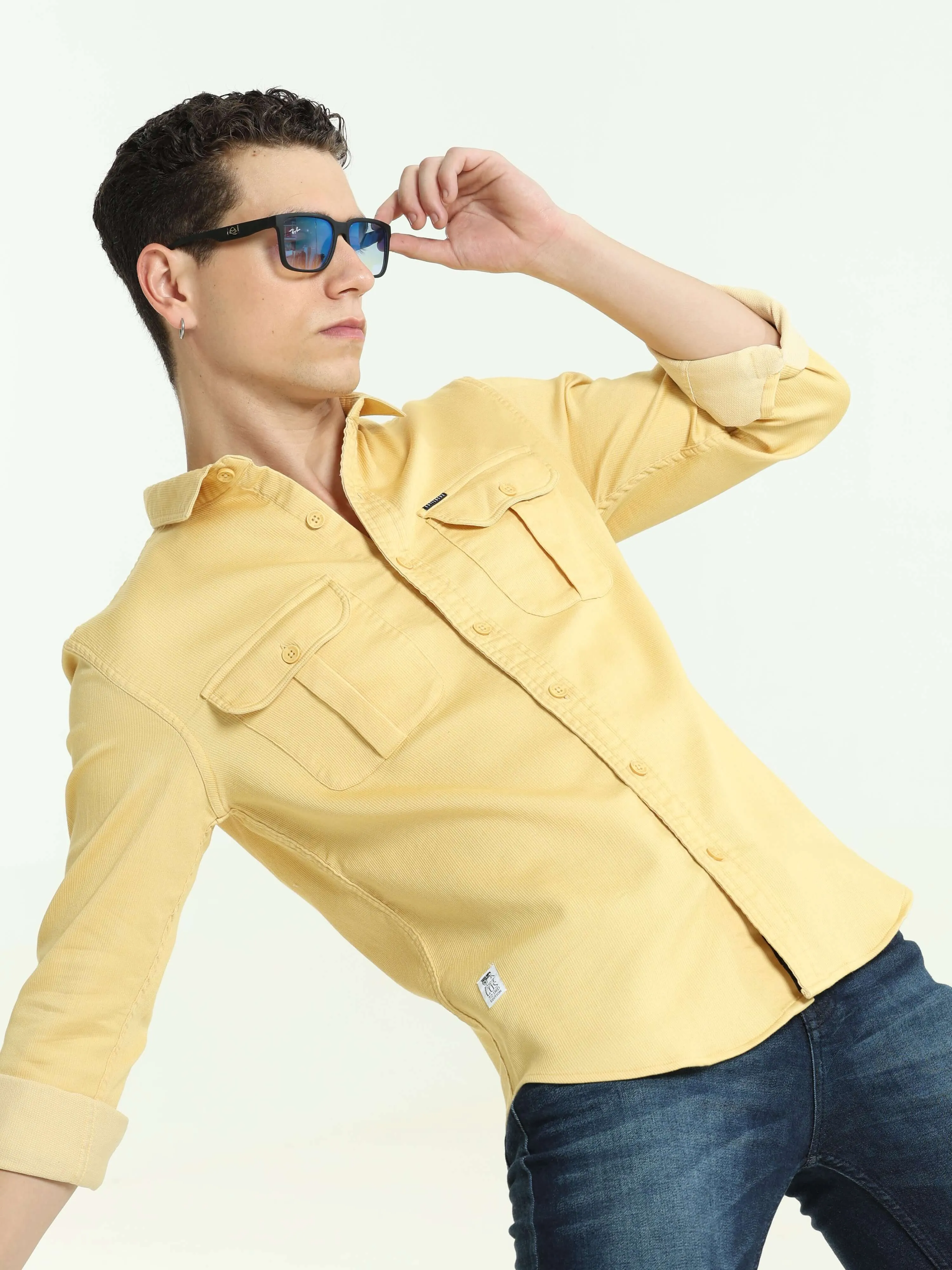 Pastel yellow solid double pocket shirt