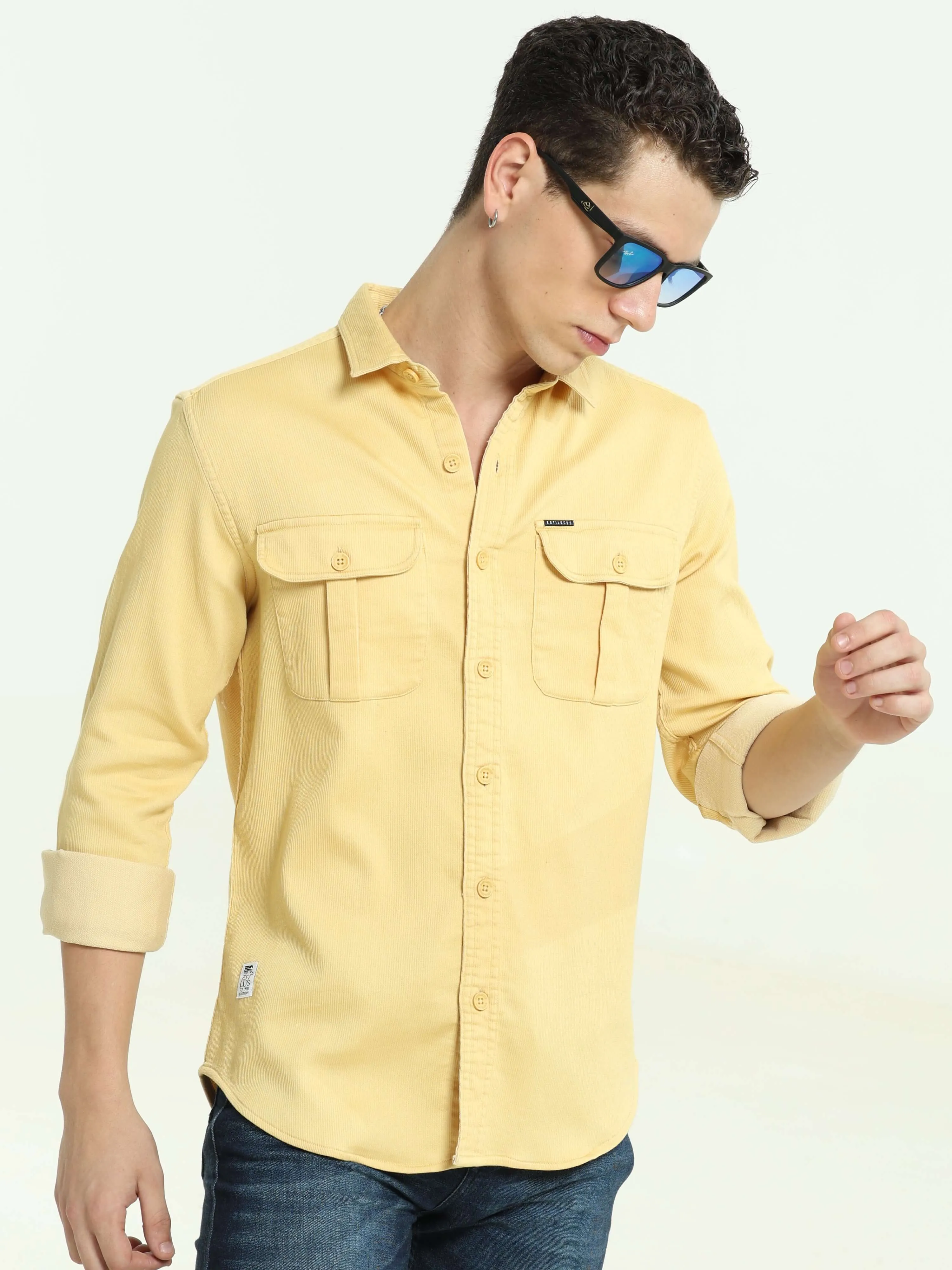 Pastel yellow solid double pocket shirt