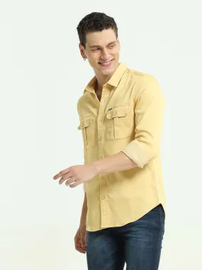 Pastel yellow solid double pocket shirt