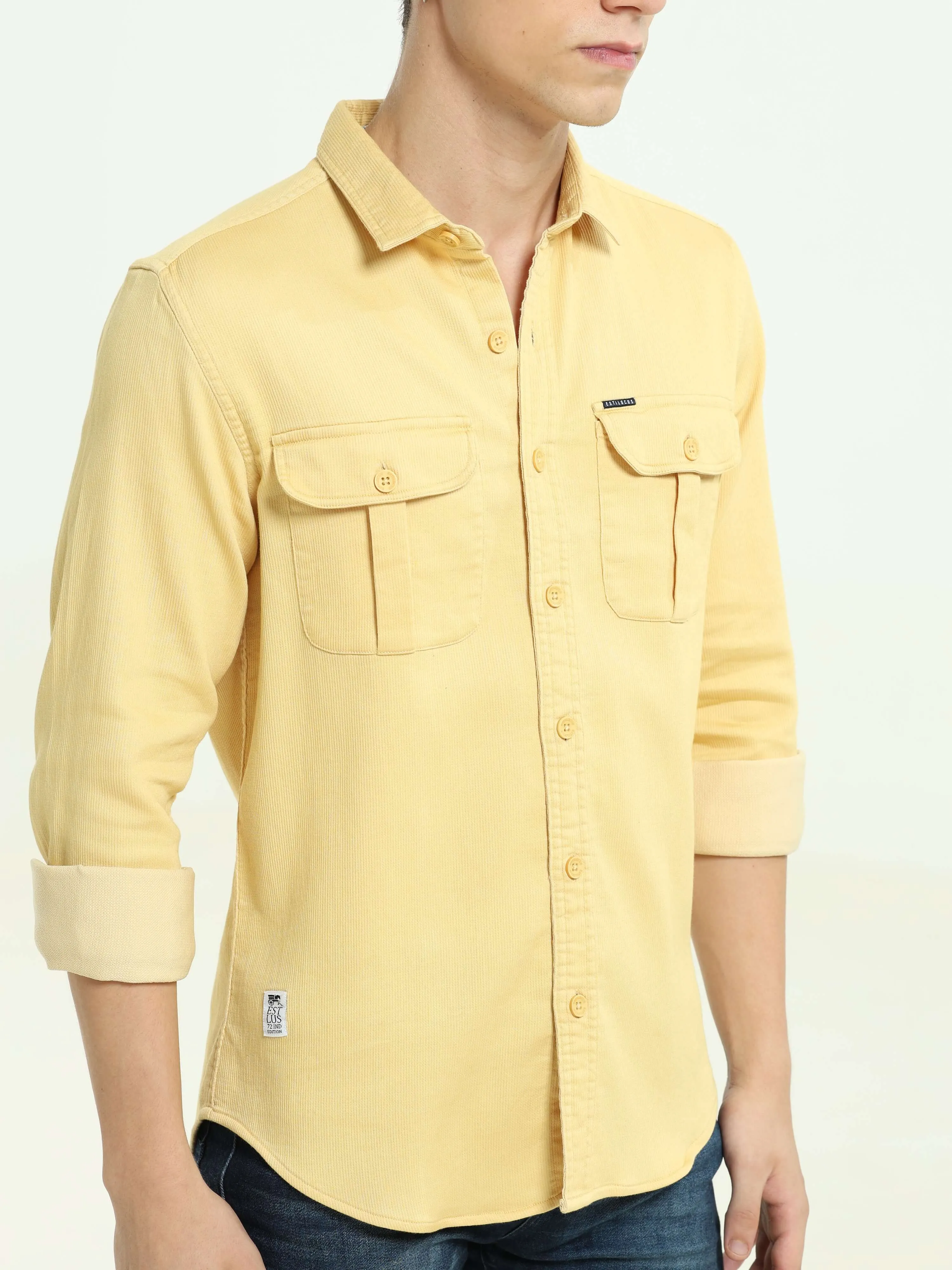 Pastel yellow solid double pocket shirt