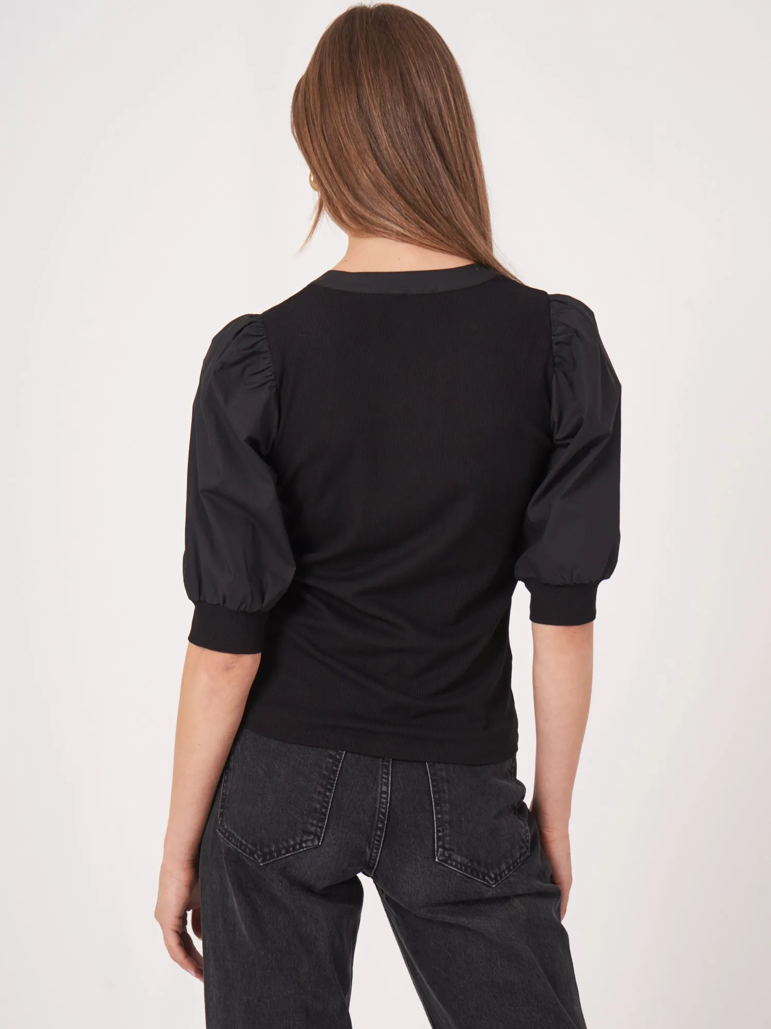 PUFF SLEEVE MIXED MEDIA TOP (BLACK) - REPEAT