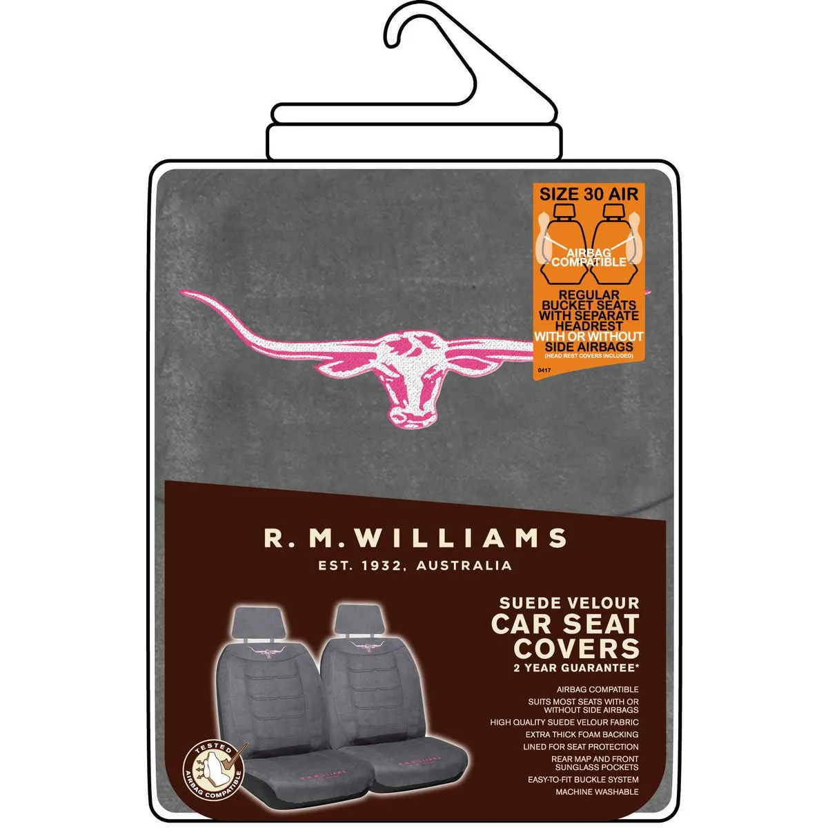 RM Williams Front Car Seat Covers Suede Velour- Grey/Pink