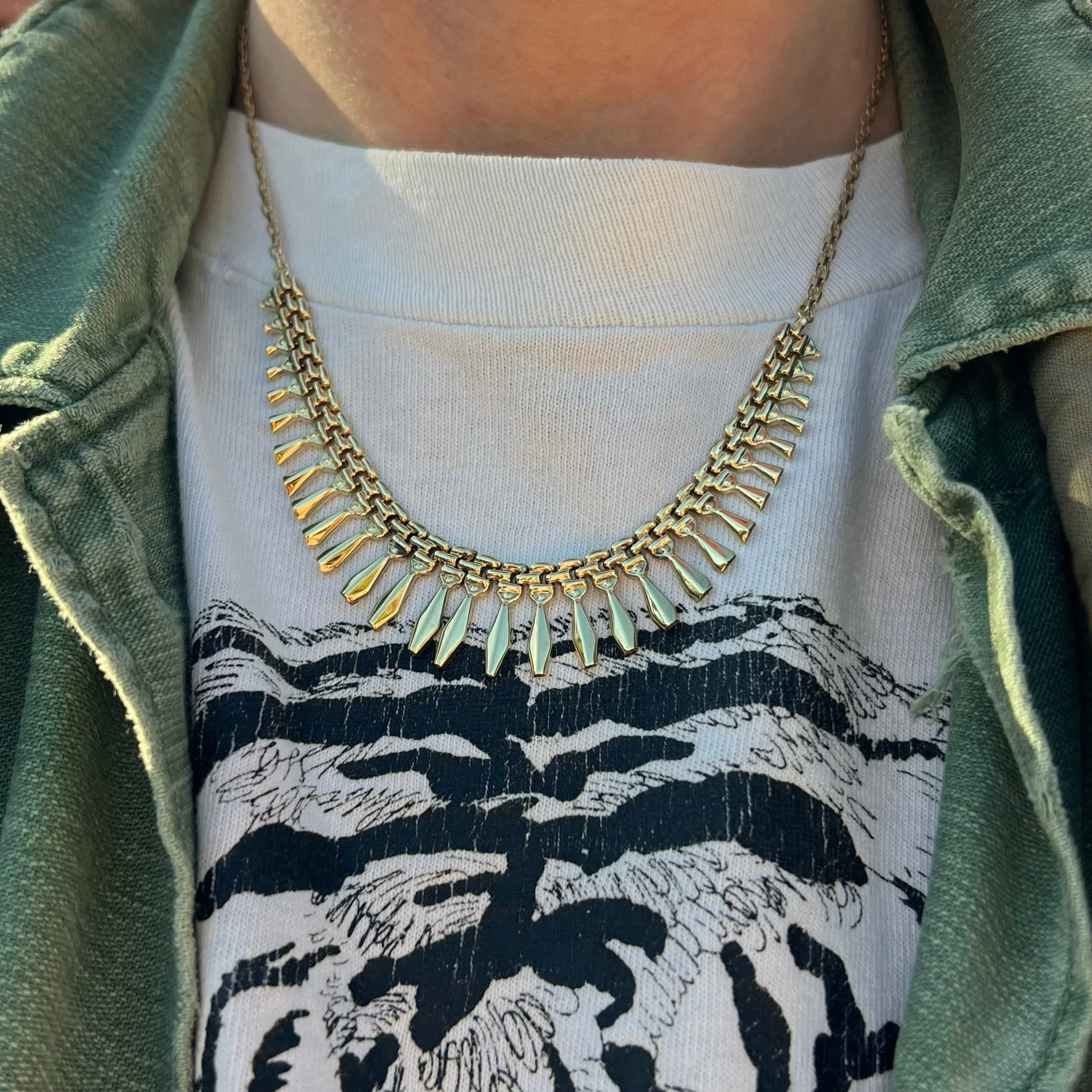 V I N T A G E // Cleopatra's fringe / 10k yellow gold bib necklace with bismark chain / 17