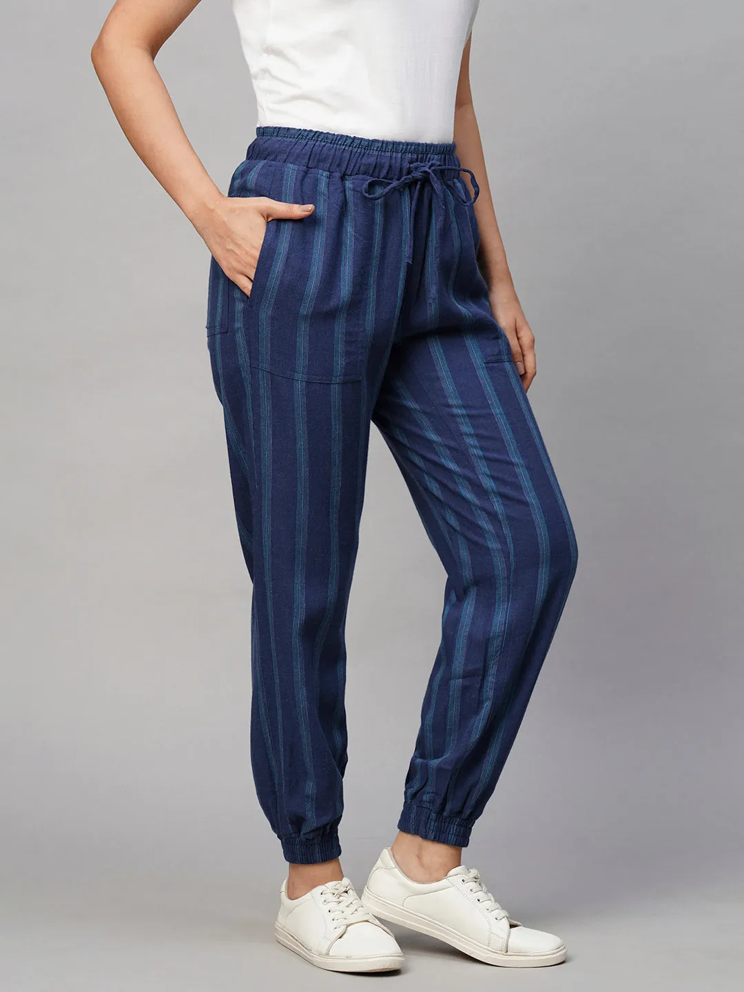 Women's Blue Viscose Linen Regular Fit Pant