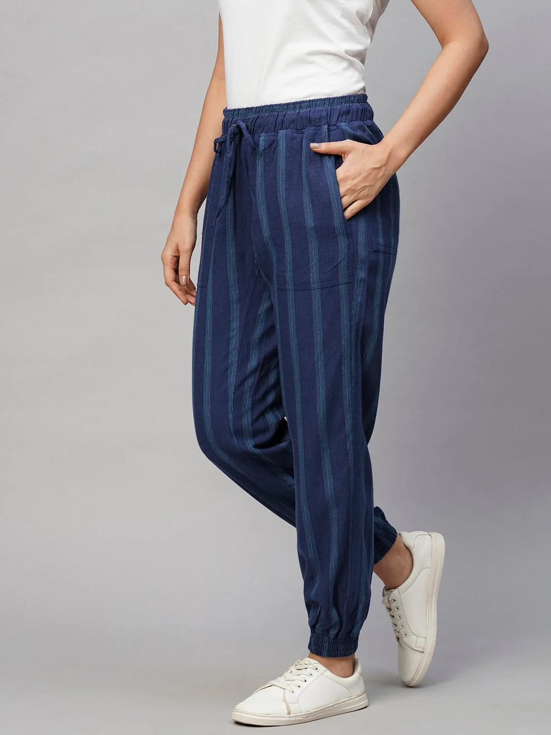 Women's Blue Viscose Linen Regular Fit Pant